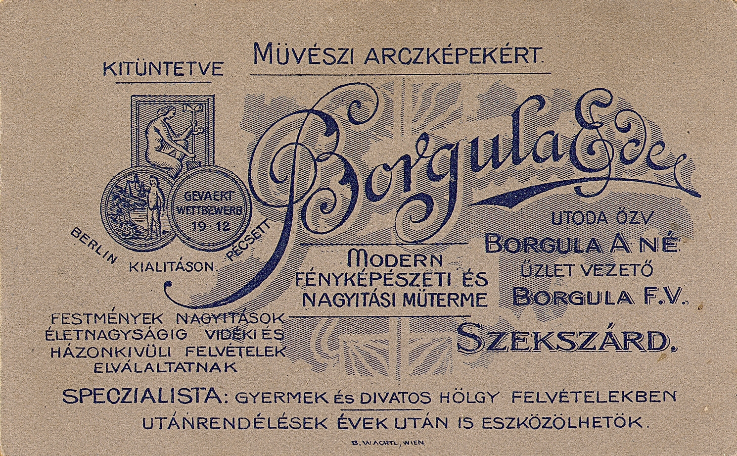 Hungary, Szekszárd, Borgula Ede utóda özv. Borgula A.né modern fényképészeti és nagyítási műterme., 1913, Erky-Nagy Tibor, studio, photographer, verso, Fortepan #85941