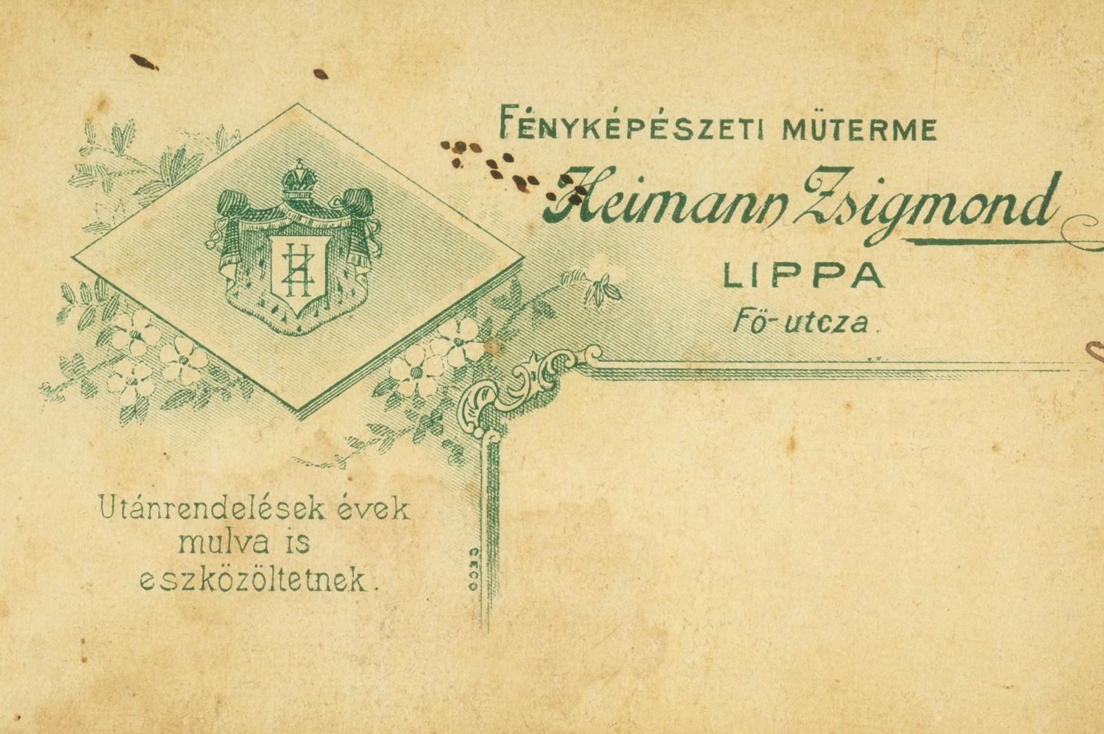 Romania,Transylvania, Lippa, Fő utca, Heimann Zsigmond fényképészeti műterme., 1905, Veszprém Megyei Levéltár/Nemere Péter, studio, photographer, verso, Fortepan #85955