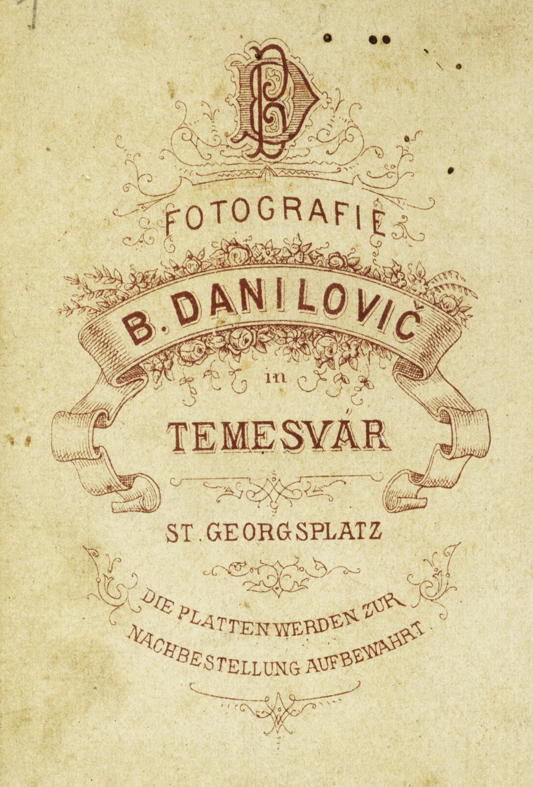 Romania,Transylvania, Timisoara, St. Georgsplatz, B. Danilovic fényképész., 1900, Veszprém Megyei Levéltár/Nemere Péter, studio, photographer, verso, Fortepan #85960