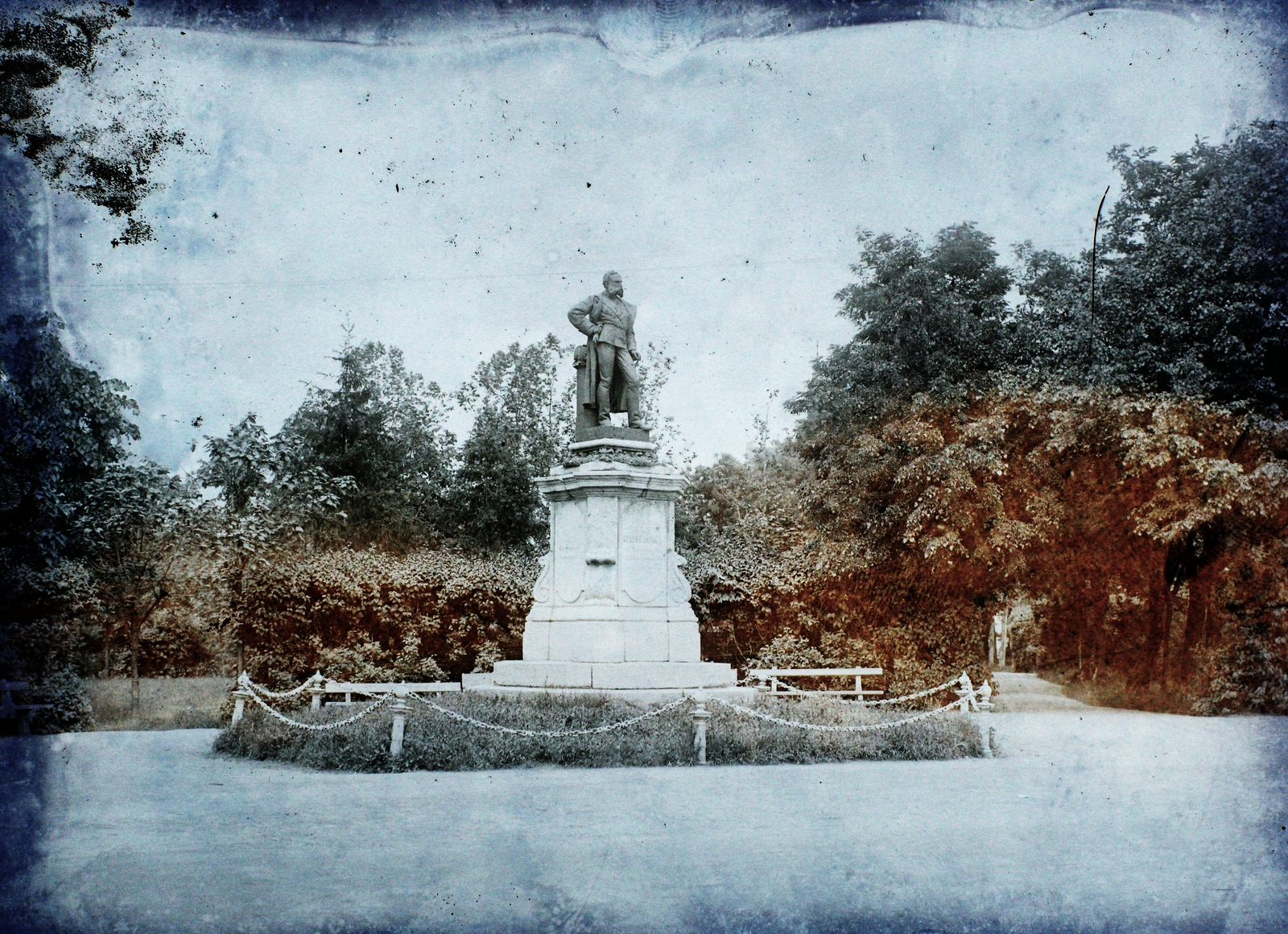 Romania,Transylvania, Timisoara, Scudier park (Parcul Central), báró Scudier Antal szobra (Richard Kauffungen, 1881.)., 1910, Magyar Földrajzi Múzeum / Erdélyi Mór cége, sculpture, Anton von Scudier-portrayal, Fortepan #86654