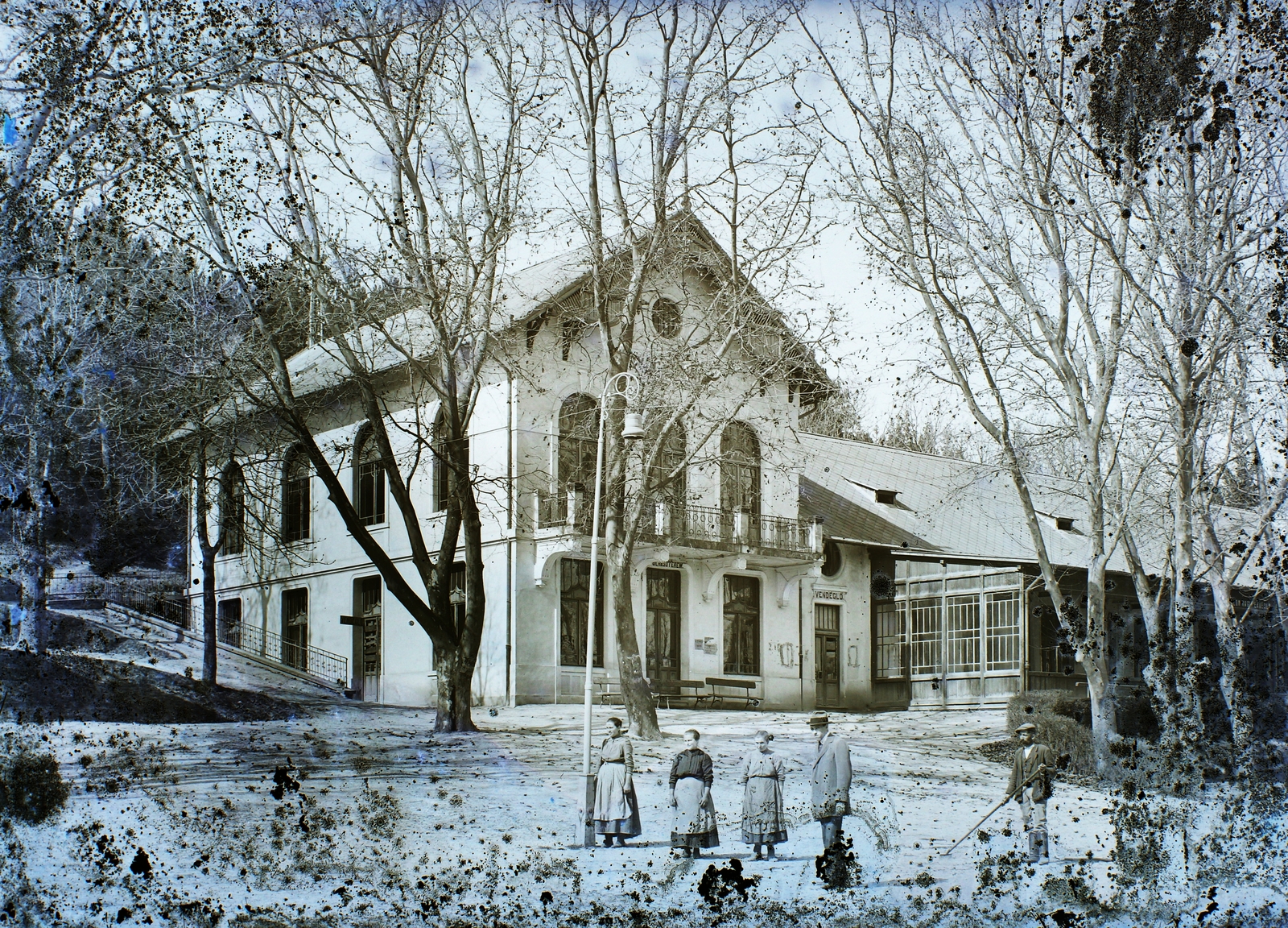 Magyarország, Hévíz, a Gyógyfürdő parkja (később Dr. Schulhof Vilmos sétány), Gyógyterem és nagyvendéglő (később Szent András Állami Reumatológiai és Rehabilitációs Kórház)., 1911, Magyar Földrajzi Múzeum / Erdélyi Mór cége, park, sérült kép, gyógyintézmény, Fortepan #86691