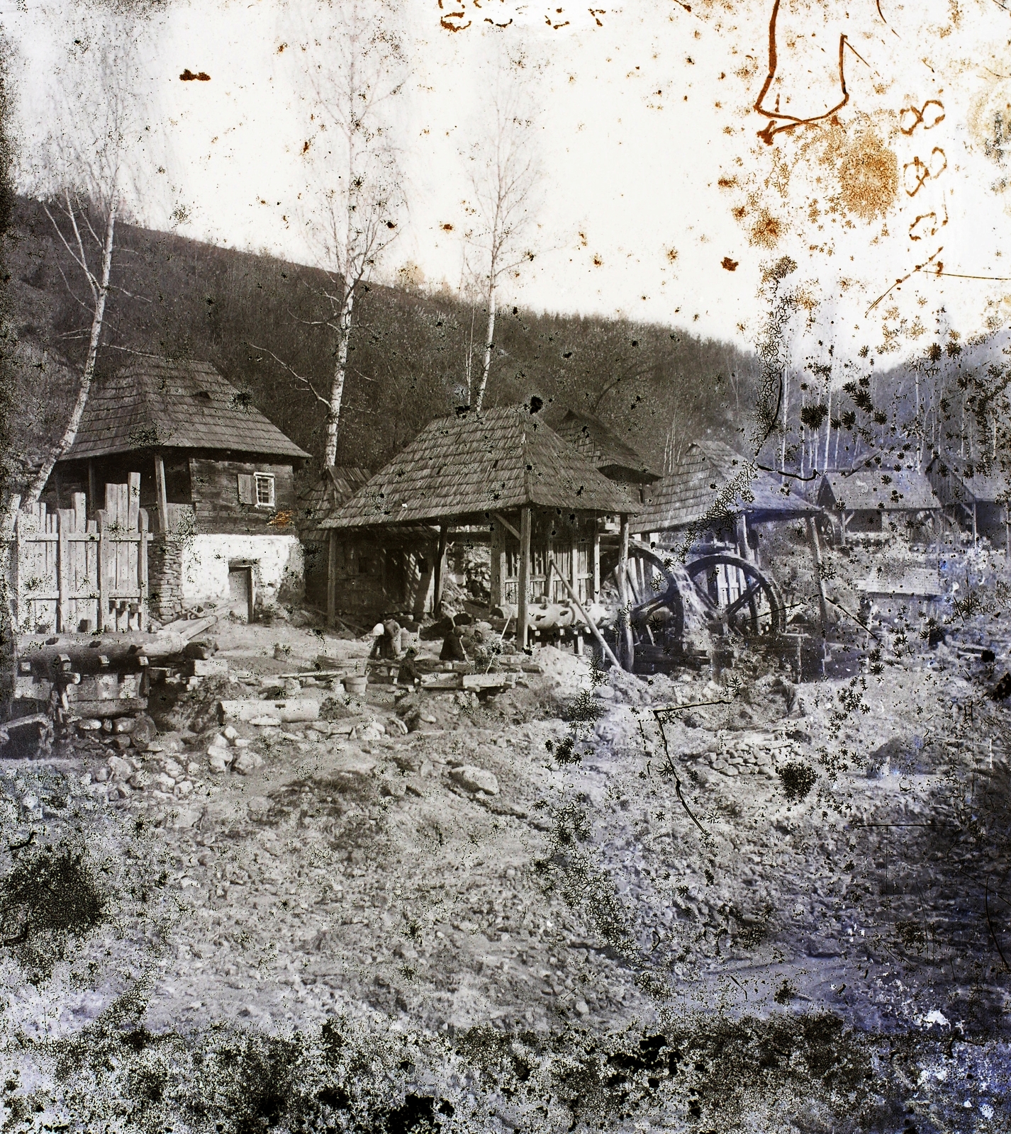 Romania,Transylvania, Rosia Montană, aranytartalmú érc aprítására szolgáló un. aranyzúzó., 1907, Magyar Földrajzi Múzeum / Erdélyi Mór cége, damaged photo, Fortepan #86905