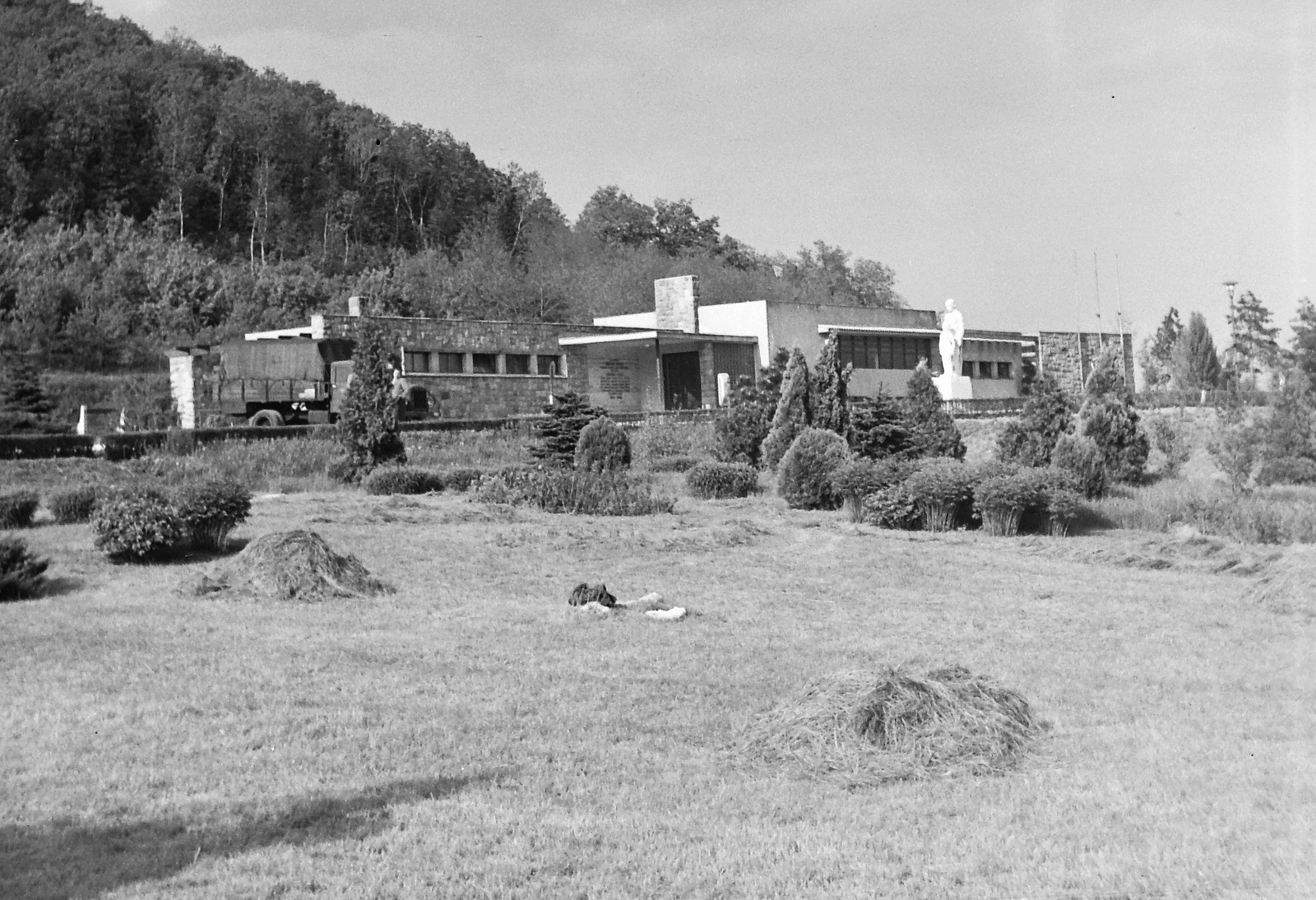 Hungary, Budapest II., Gyermekvasút (Úttörővasút) Szépjuhászné (Ságvári liget) állomás., 1954, Fortepan, sculpture, commercial vehicle, train station, Children's railway, Budapest, Fortepan #8695