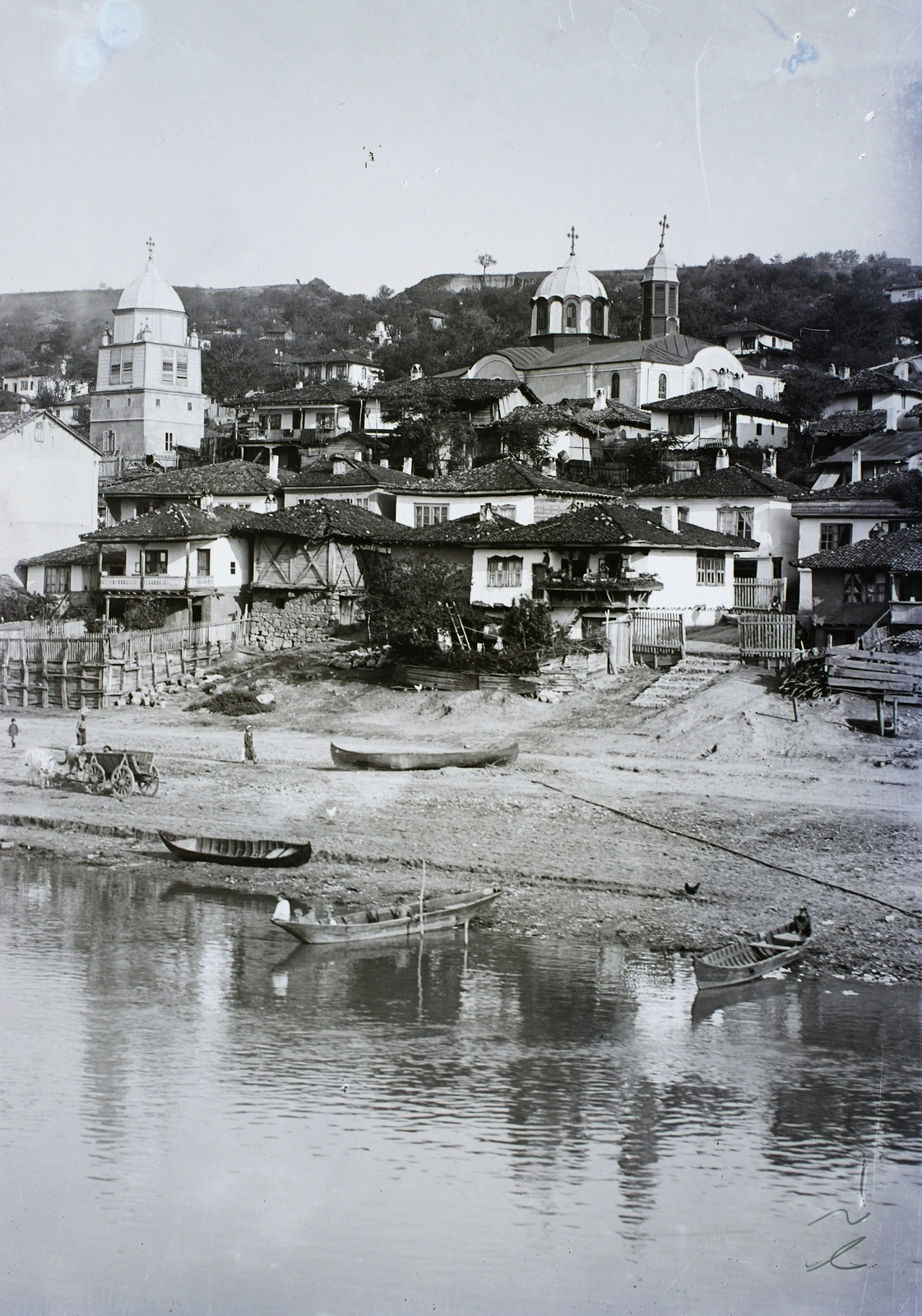 Bulgaria, Tutrakan, a város a Dunáról nézve, jobbra a Szent Miklós-templom., 1913, Magyar Földrajzi Múzeum / Erdélyi Mór cége, Fortepan #87007