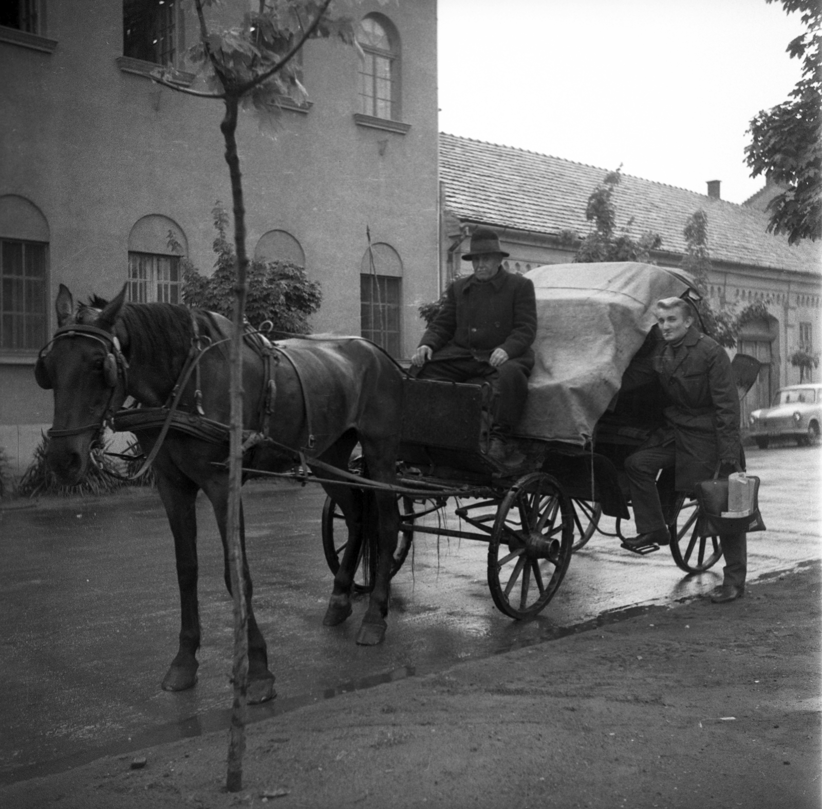 Hungary, Mátészalka, Kölcsey út 27-29., a Szamoson 1970 májusában levonult árvíz idején készült a felvétel., 1970, Urbán Tamás, Trabant-brand, Horse-drawn carriage, Secession, Fortepan #87174