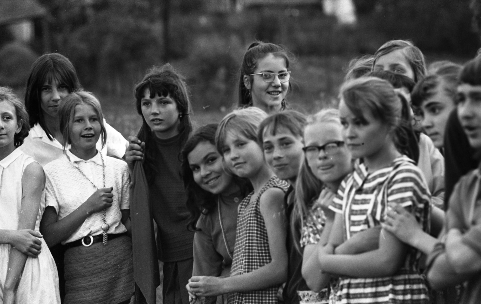 1971, Urbán Tamás, tableau, fun, girl, arms crossed over the chest, striped dress, Fortepan #87349