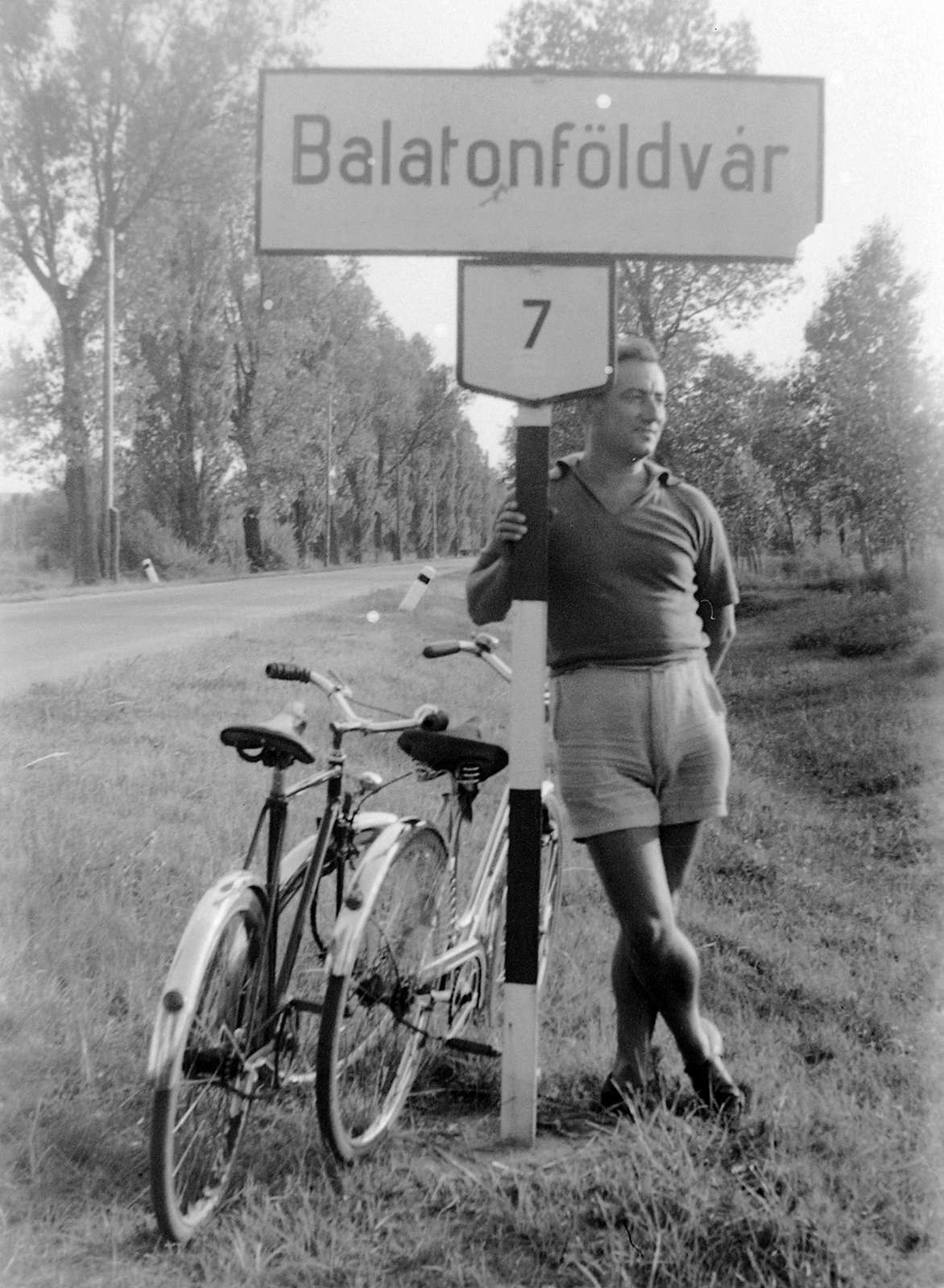Hungary, Balatonföldvár, 1951, Fortepan, portrait, bicycle, road signs, alley, man, place-name signs, Fortepan #8739