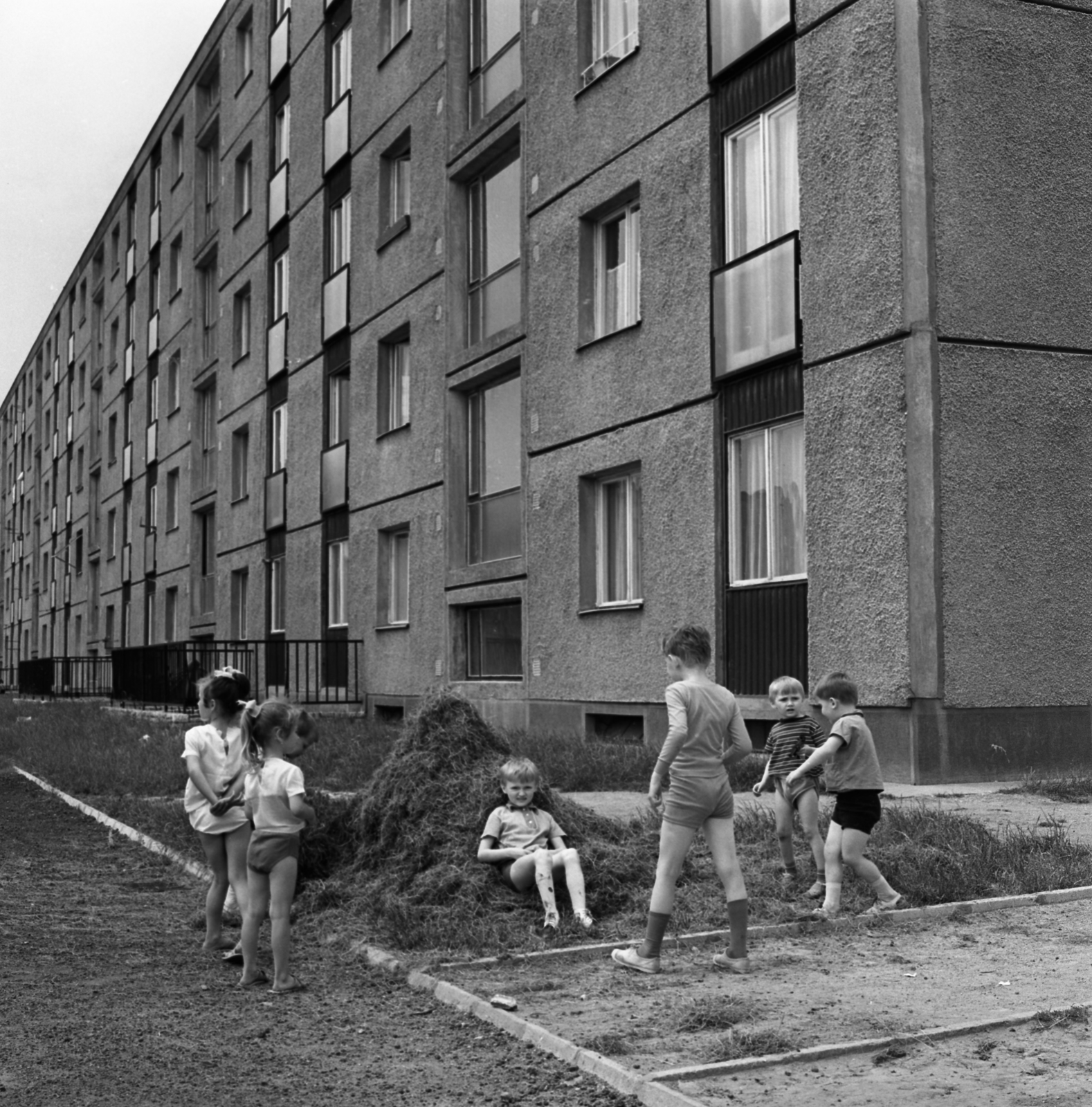 Magyarország, Székesfehérvár, Tóvárosi (Münnich Ferenc) lakónegyed, a Horvát István utca 4-8. hátsó homlokzata., 1972, Urbán Tamás, panelház, gyerekek, Fortepan #87695