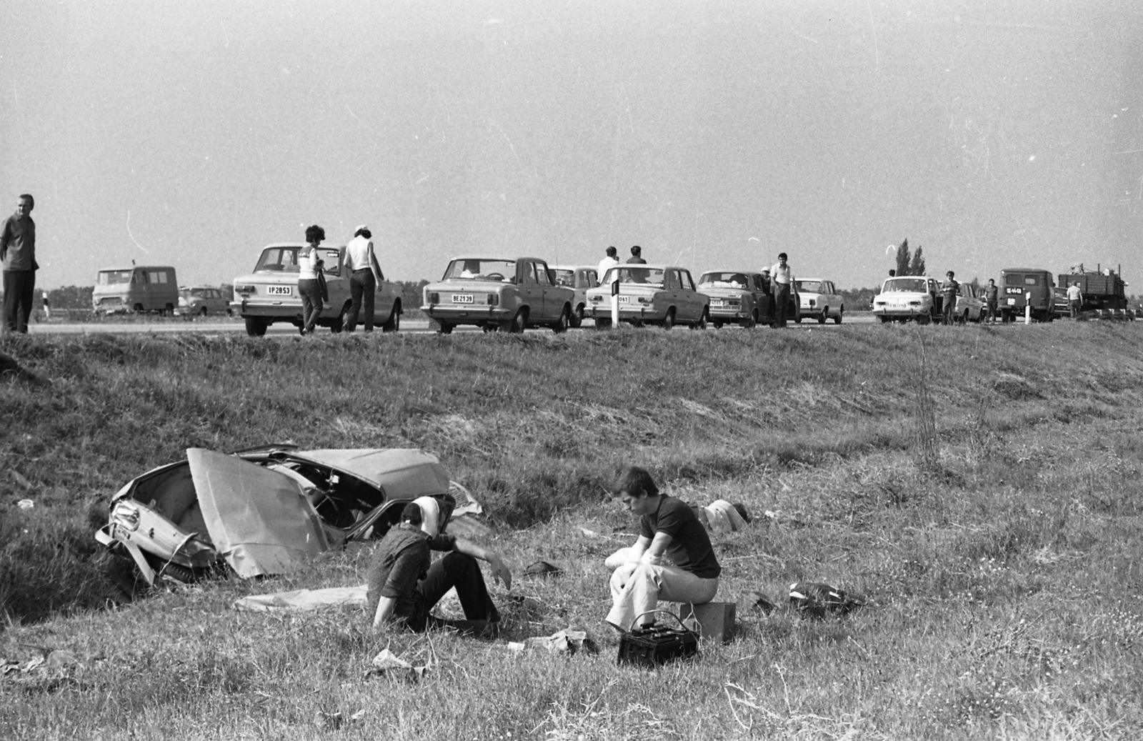 Hungary, M7-es autópálya., 1974, Urbán Tamás, accident, Lada-brand, Polski Fiat-brand, Fortepan #88393