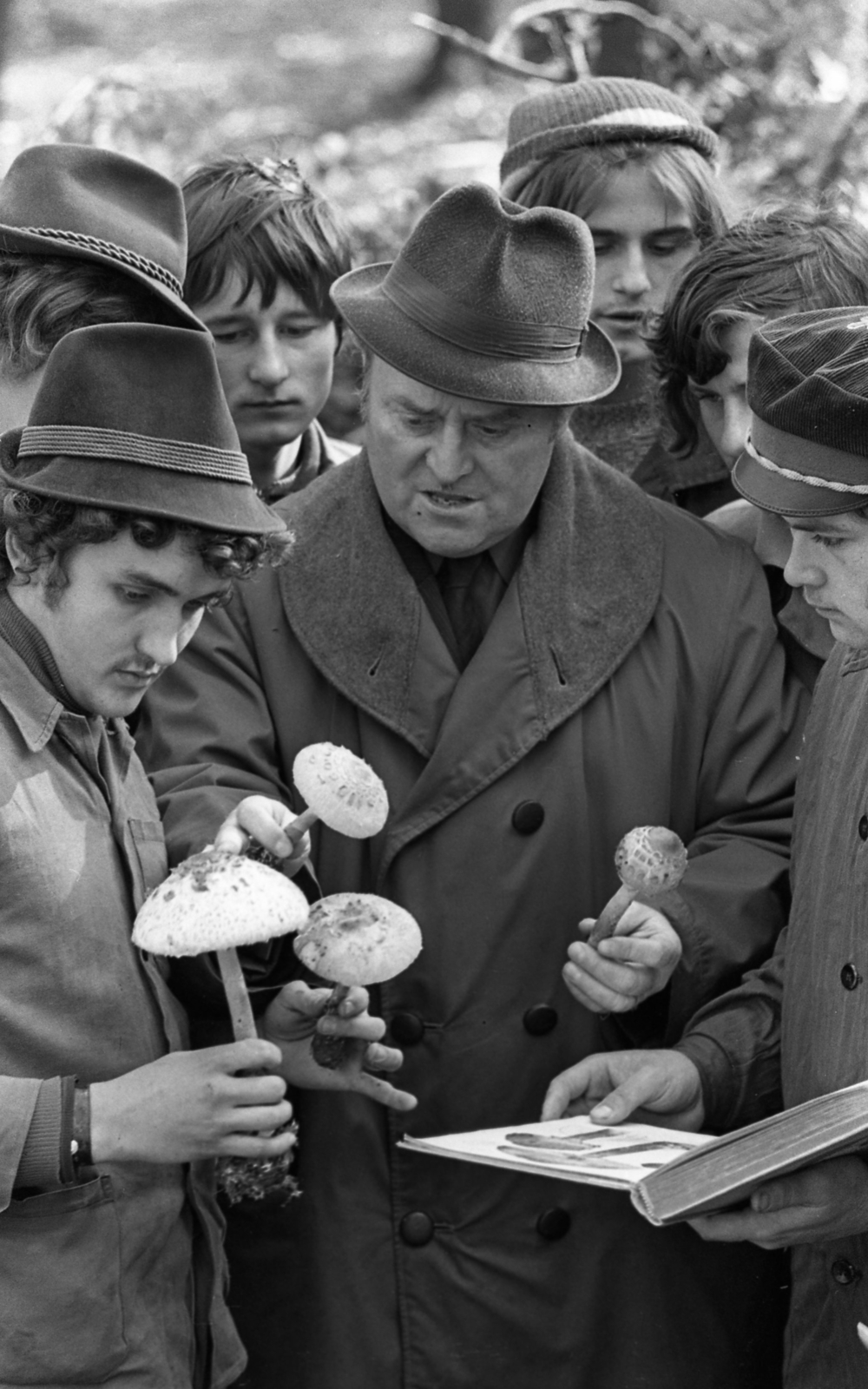 Hungary, Sopron, Erdészeti, Faipari Szakközépiskola erdész tanulói és oktatójuk., 1974, Urbán Tamás, hat, mushroom, mushroom picking, Fortepan #88499