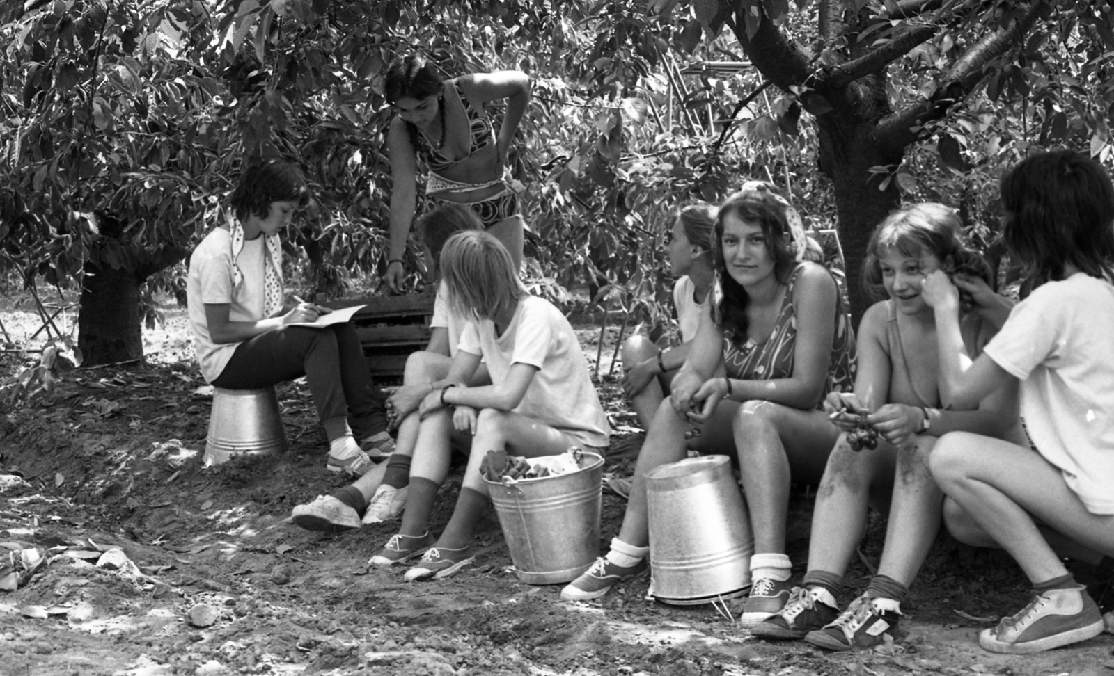 Hungary, Lengyeltóti, a Kállai Éva KISZ-tábor lakói cseresznyeszedésen a helyi állami gazdaságban., 1974, Urbán Tamás, jesting, bucket, sneakers, engineering camp, taking notes, doodle, report, Fortepan #88535