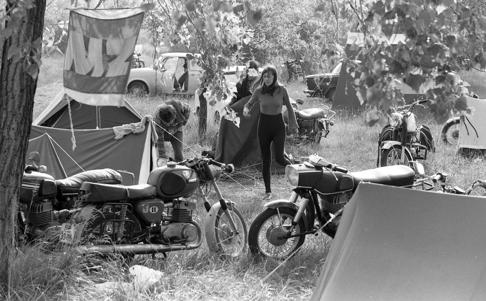 1977, Urbán Tamás, motorcycle, camping, MZ-brand, country code sign, Fortepan #88654