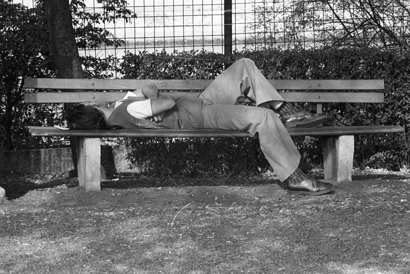 1979, Urbán Tamás, bench, snocks, sleeping, arms crossed over the chest, lying on a bench, Fortepan #89254