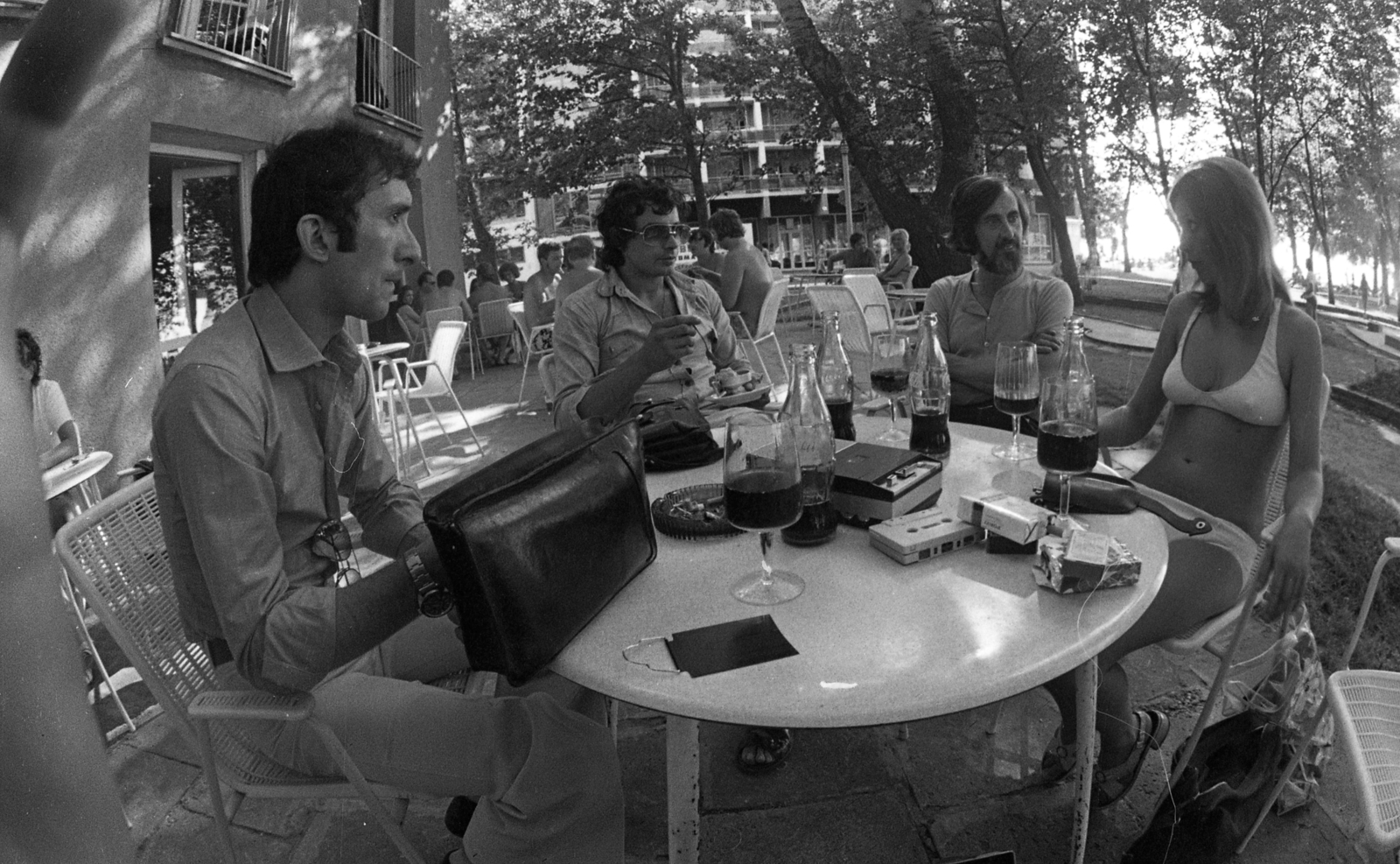 Hungary,Lake Balaton, Siófok, szállodasor, háttérben a Hotel Hungária., 1978, Urbán Tamás, bathing suit, cigarette, wrist watch, shades, tape recorder, ashtray, Fortepan #89694
