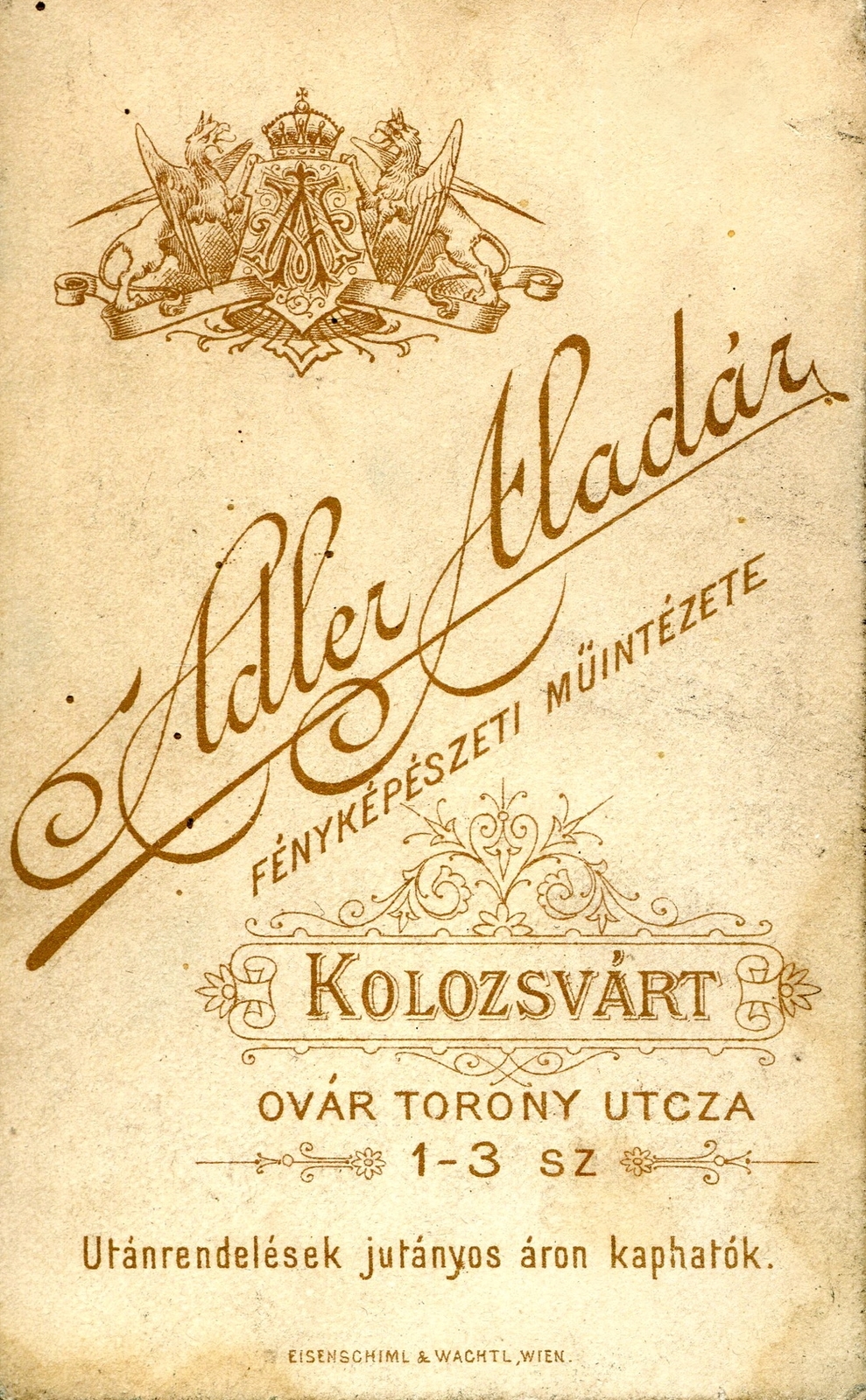 Romania,Transylvania, Cluj-Napoca, Ovár torony utca 1-3., Adler Aladár fényképészeti műintézete. A felvétel 1885-ben készült., 1900, Mészöly Leonóra, studio, photographer, verso, Fortepan #90032