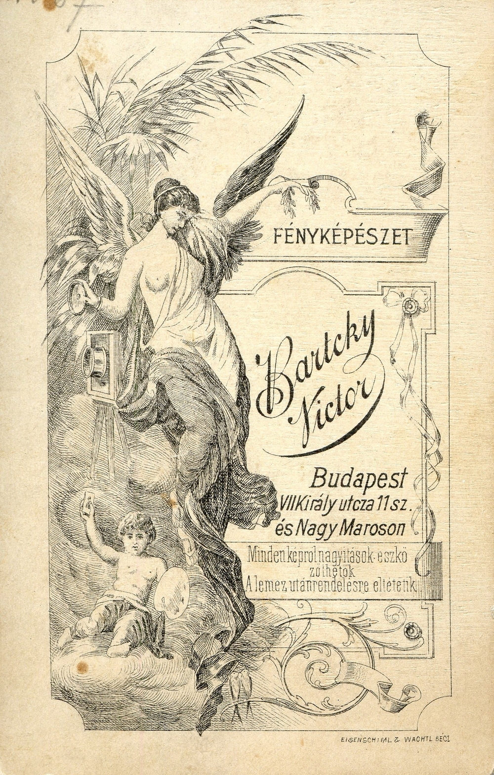 Magyarország, Budapest VII., Király utca 11., Bartcky Victor fényképész. A felvétel 1890-ben készült., 1900, Mészöly Leonóra, műterem, fényképész, hátlap, Budapest, Fortepan #90044