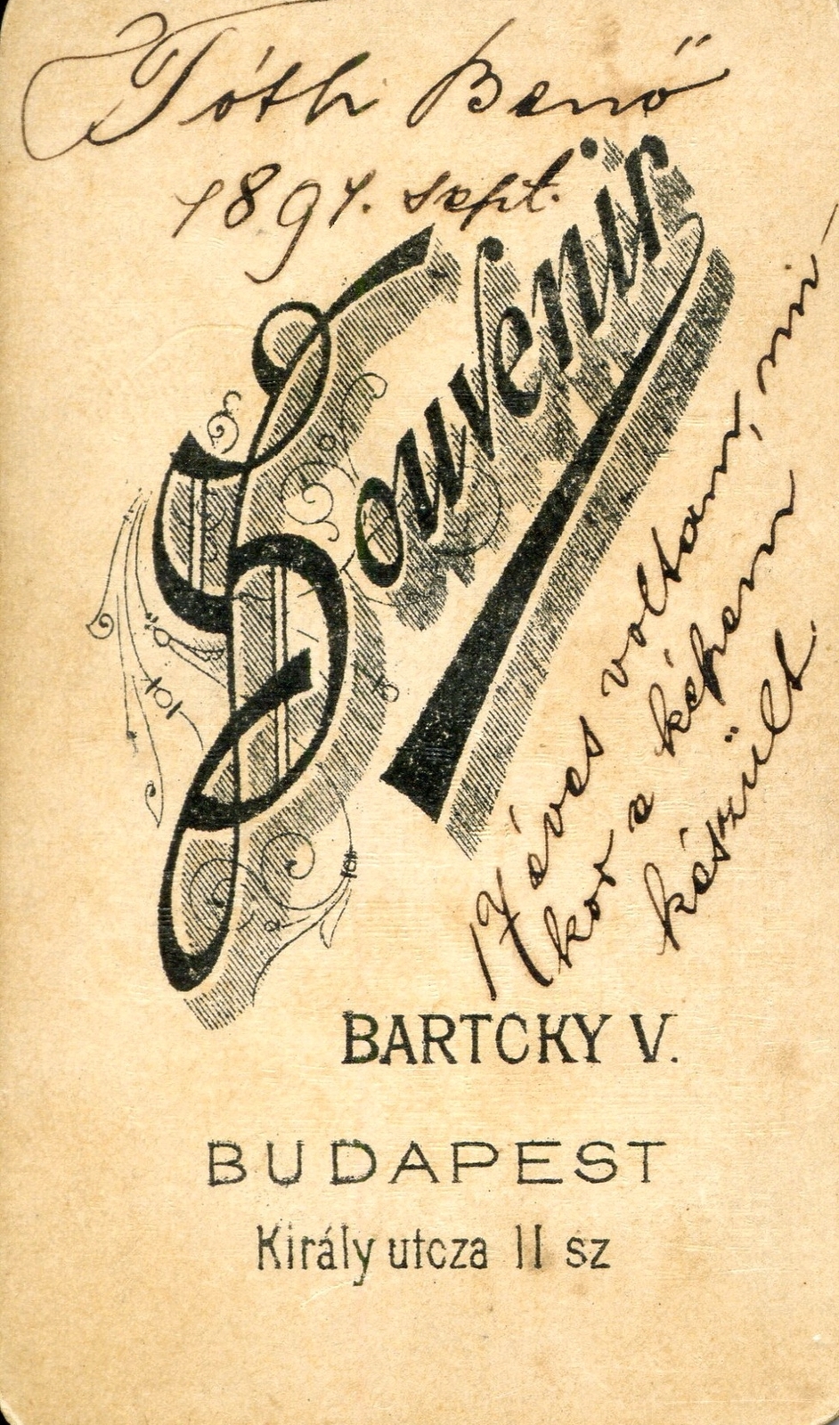 Magyarország, Budapest VII., Király utca 11., Bartcky Victor fényképész. A felvétel 1897-ben készült., 1900, Mészöly Leonóra, műterem, fényképész, hátlap, Budapest, Fortepan #90045