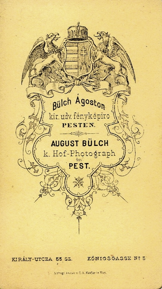 Magyarország, Budapest VII., Király utca 55., Bülch Ágoston fényképíró. A felvétel 1890-ben készült., 1900, Mészöly Leonóra, műterem, fényképész, hátlap, Budapest, Fortepan #90065