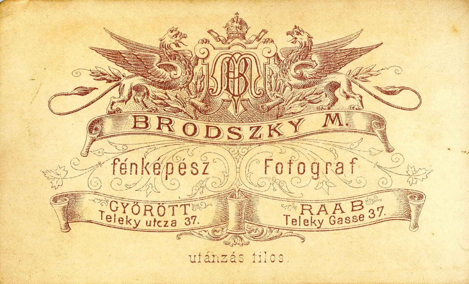 Magyarország, Győr, Teleky utca 37., Brodszky Miklós fényképész. A felvétel 1880-ban készült., 1900, Mészöly Leonóra, műterem, fényképész, hátlap, Fortepan #90070