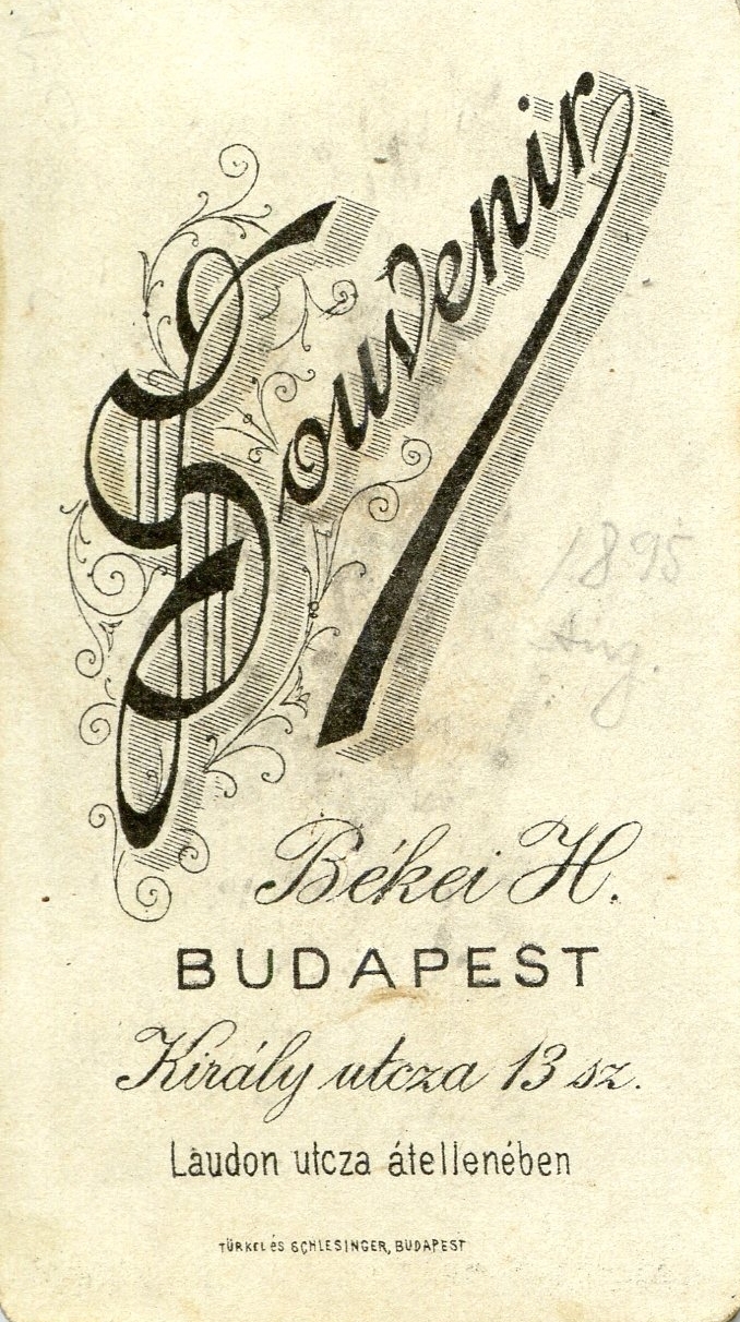 Hungary, Budapest VII., Király utca 13., Békei Hermin fényképész. A felvétel 1895-ben készült., 1900, Mészöly Leonóra, studio, photographer, verso, Budapest, Fortepan #90073