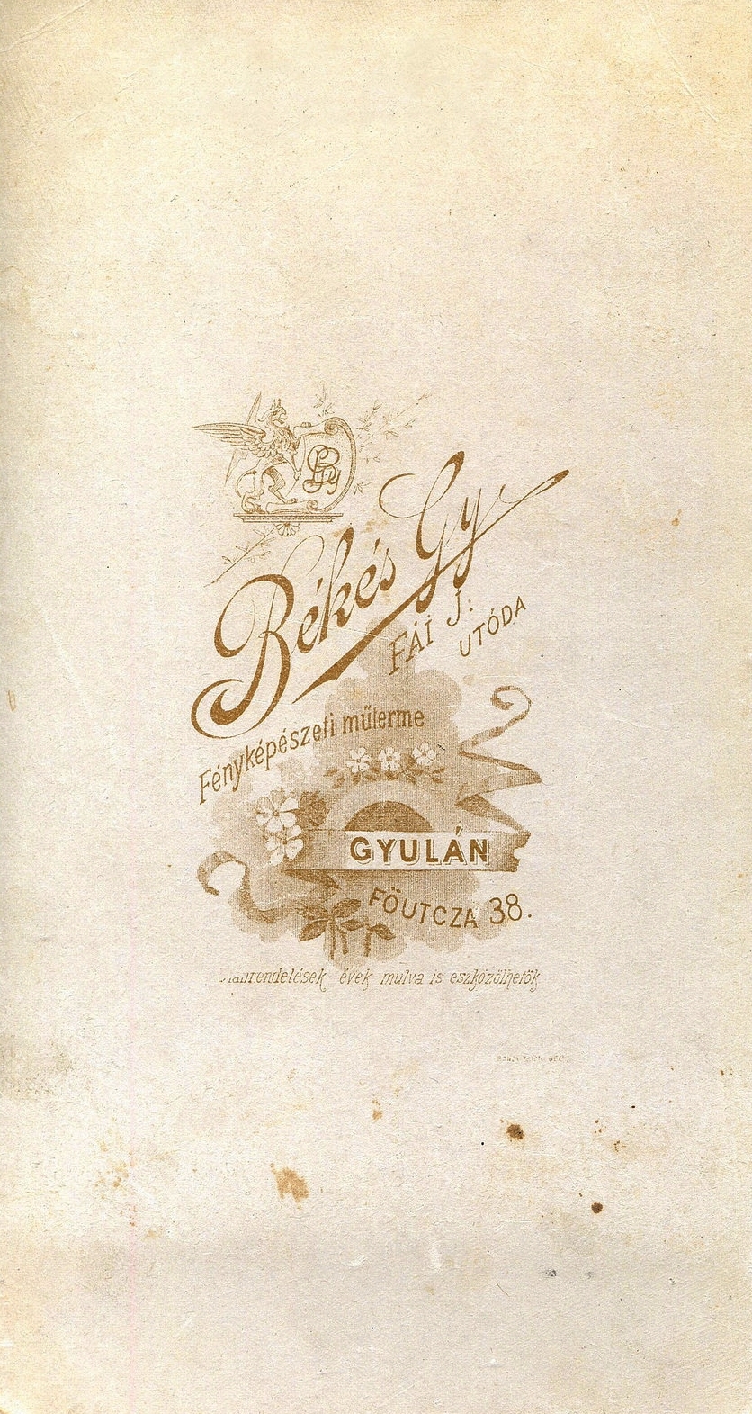 Hungary, Gyula, Fő utca 38., Békés Gyula fényképészeti műterme. A felvétel 1898-ban készült., 1900, Mészöly Leonóra, studio, photographer, verso, Fortepan #90075