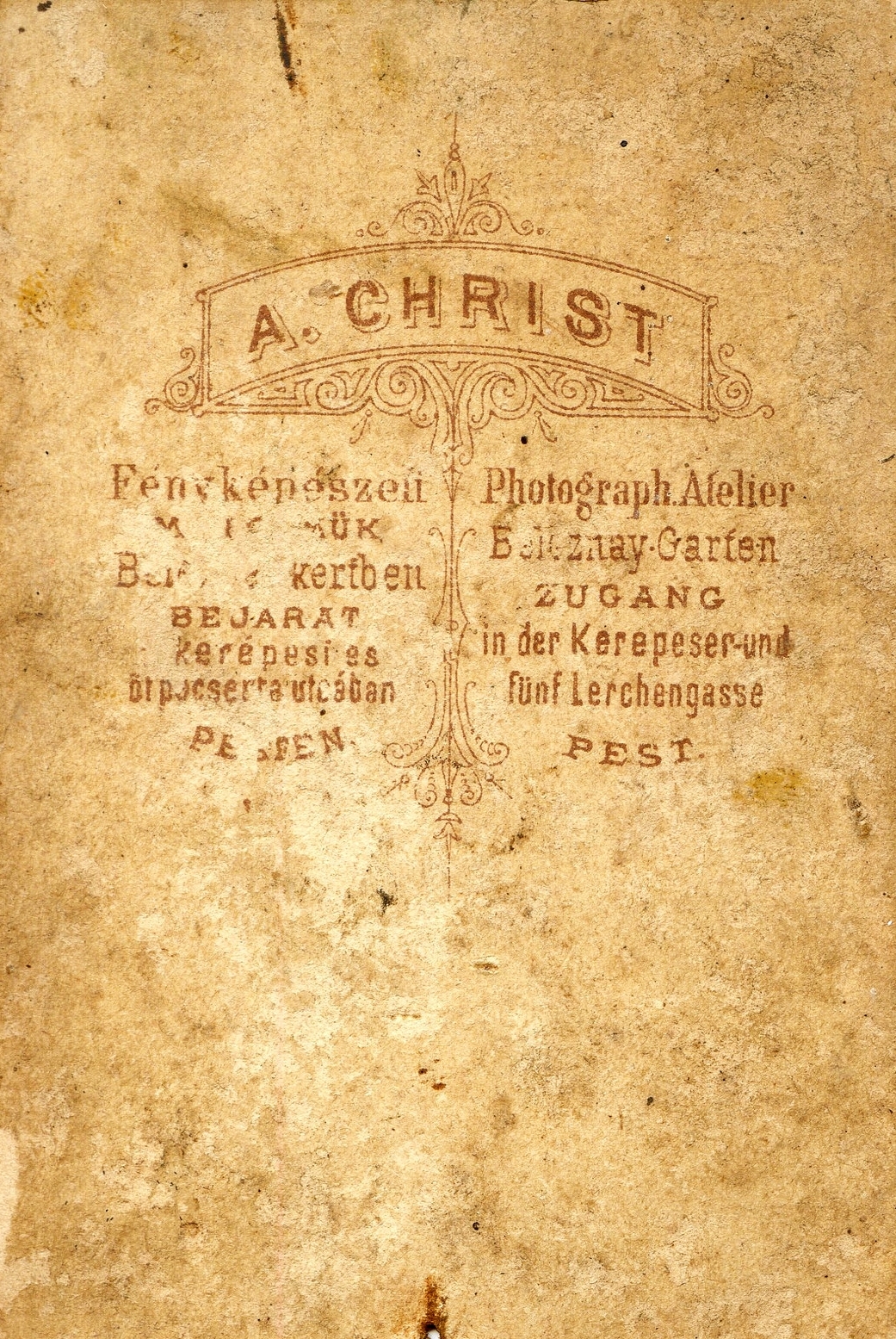 Hungary, Budapest VIII., Beleznay-kert, a Rákóczi (Kerepesi) út - Puskin (Öt Pacsirta) utca sarkánál (később Rákóczi út 7-9. sz. házak állnak itt), Christ Anna fényképészeti műterme. A felvétel 1860 körül készült., 1900, Mészöly Leonóra, studio, photographer, verso, Budapest, Fortepan #90079