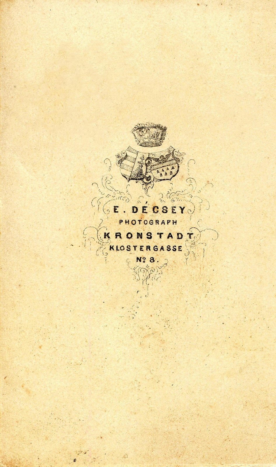 Romania,Transylvania, Brașov, Klostergasse 8., Décsey Ede fényképész. A felvétel 1860-ban készült., 1900, Mészöly Leonóra, studio, photographer, verso, Fortepan #90093