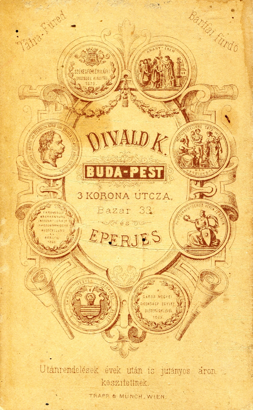 Hungary,Slovakia, Budapest V.,Prešov, Hercegprimás (Három Korona) utca, Bazár 33., Divald Károly fényképész. A felvétel 1879-ben készült., 1900, Mészöly Leonóra, studio, photographer, verso, Budapest, Fortepan #90094