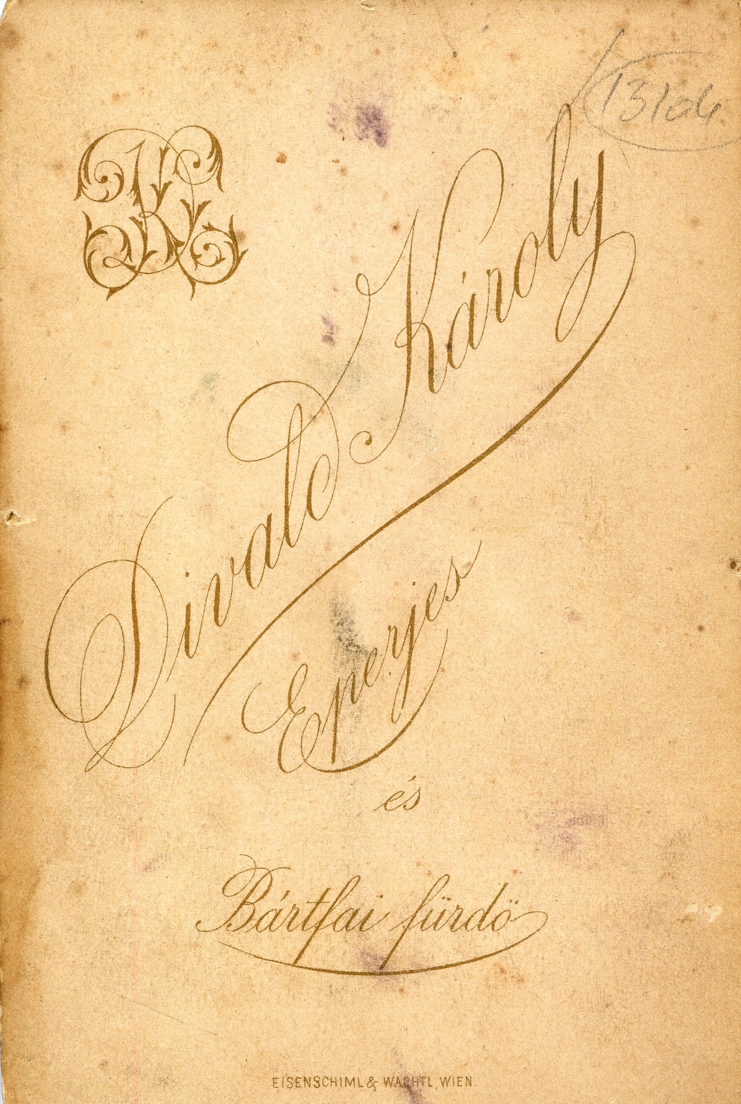 Szlovákia, Eperjes,Bártfafürdő, Divald Károly fényképész. A felvétel 1880-ban készült., 1900, Mészöly Leonóra, műterem, fényképész, hátlap, Fortepan #90095
