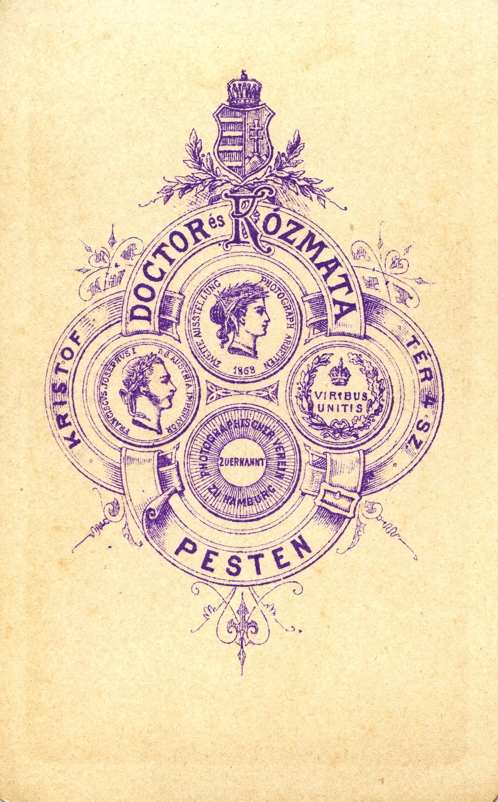 Magyarország, Budapest V., Kristóf tér 4., Doctor és Kózmata fényképészek. A felvétel 1868-ban készült., 1900, Mészöly Leonóra, műterem, fényképész, hátlap, Budapest, Fortepan #90097