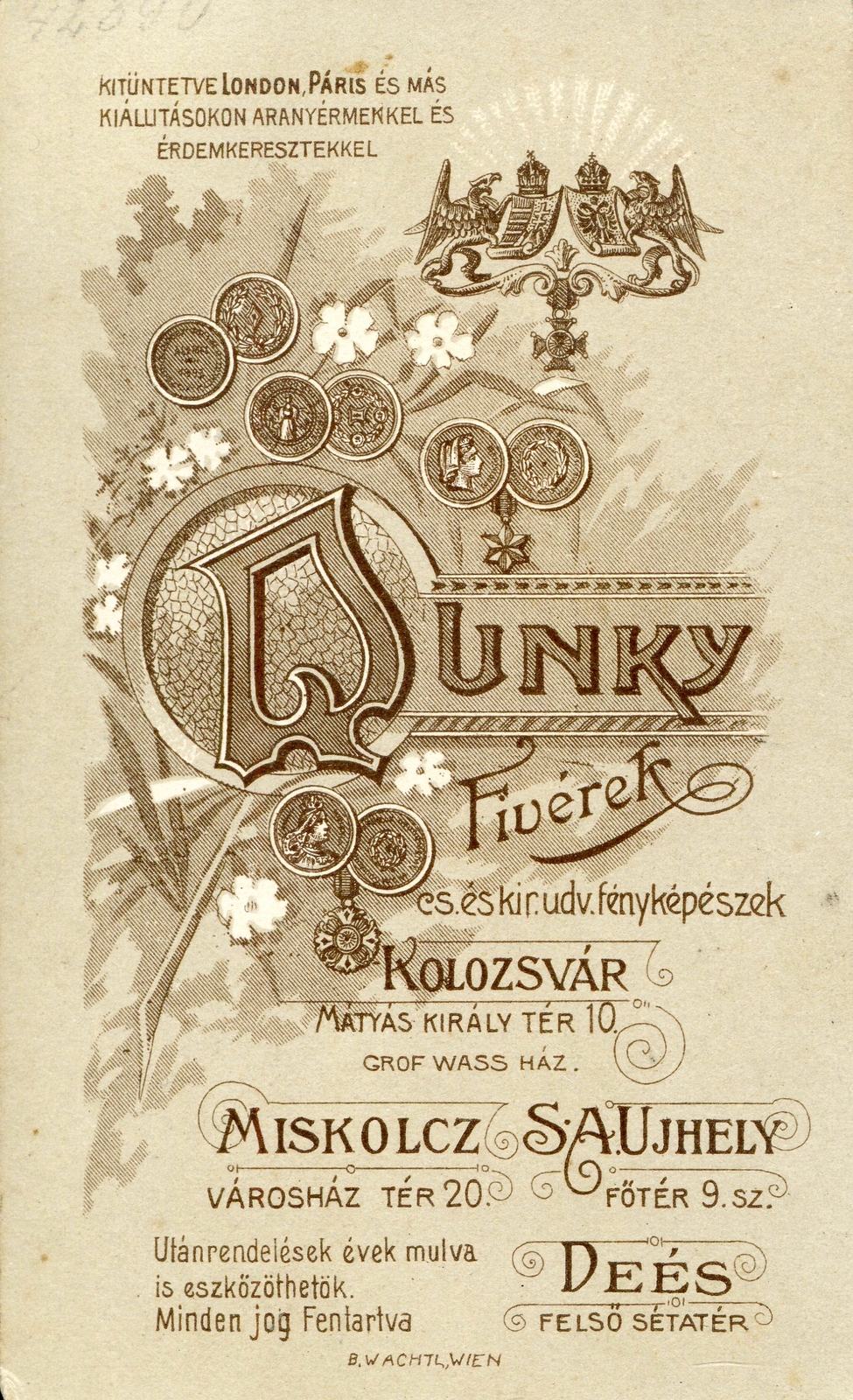 Magyarország,Románia,Erdély, Kolozsvár,Miskolc,Sátoraljaújhely, Mátyás király tér 10., Városház tér 20., Fő tér 9., Felső sétatér, Dunky fivérek, fényképészek., 1908, Mészöly Leonóra, műterem, fényképész, hátlap, Fortepan #90102