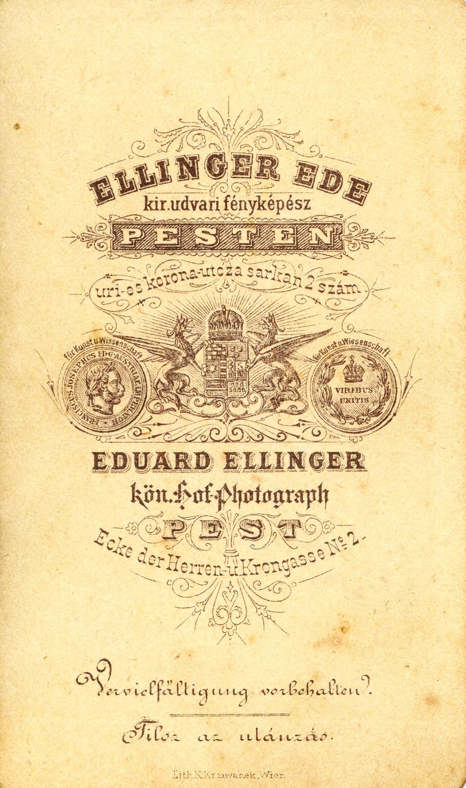 Hungary, Budapest V., Petőfi Sándor (Úri) utca - Régi posta (Korona utca) sarkán, Ellinger Ede fényképész. A felvétel 1872-ben készült., 1900, Mészöly Leonóra, studio, photographer, verso, Budapest, Fortepan #90110
