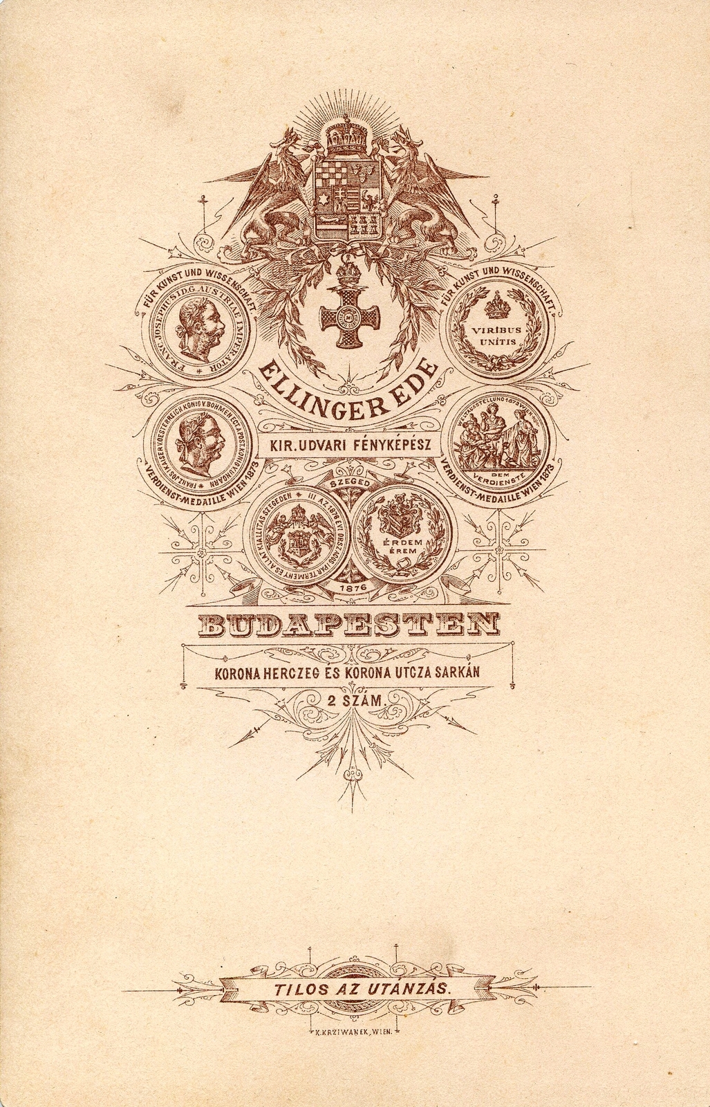 Hungary, Budapest V., Petőfi Sándor (Koronaherceg) utca - Régi posta (Korona utca) sarkán, Ellinger Ede fényképész. A felvétel 1876-ban készült., 1900, Mészöly Leonóra, studio, photographer, verso, Budapest, Fortepan #90111