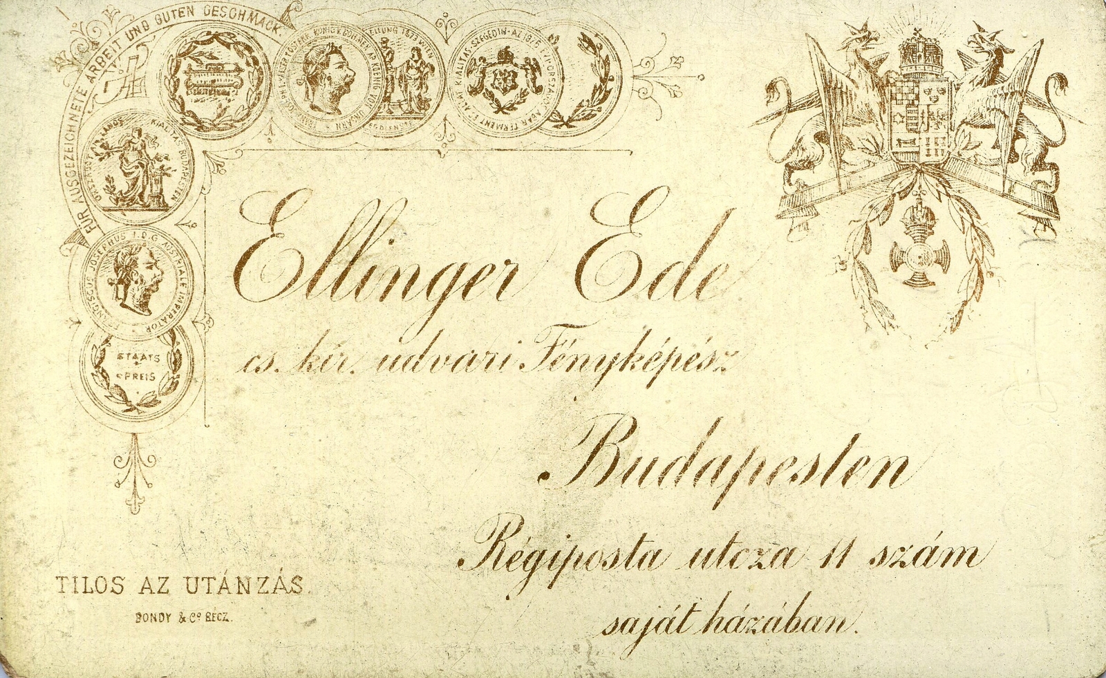Hungary, Budapest V., Régi posta utca 11., Ellinger Ede fényképész. A felvétel 1880-ban készült., 1900, Mészöly Leonóra, studio, photographer, verso, Budapest, Fortepan #90112
