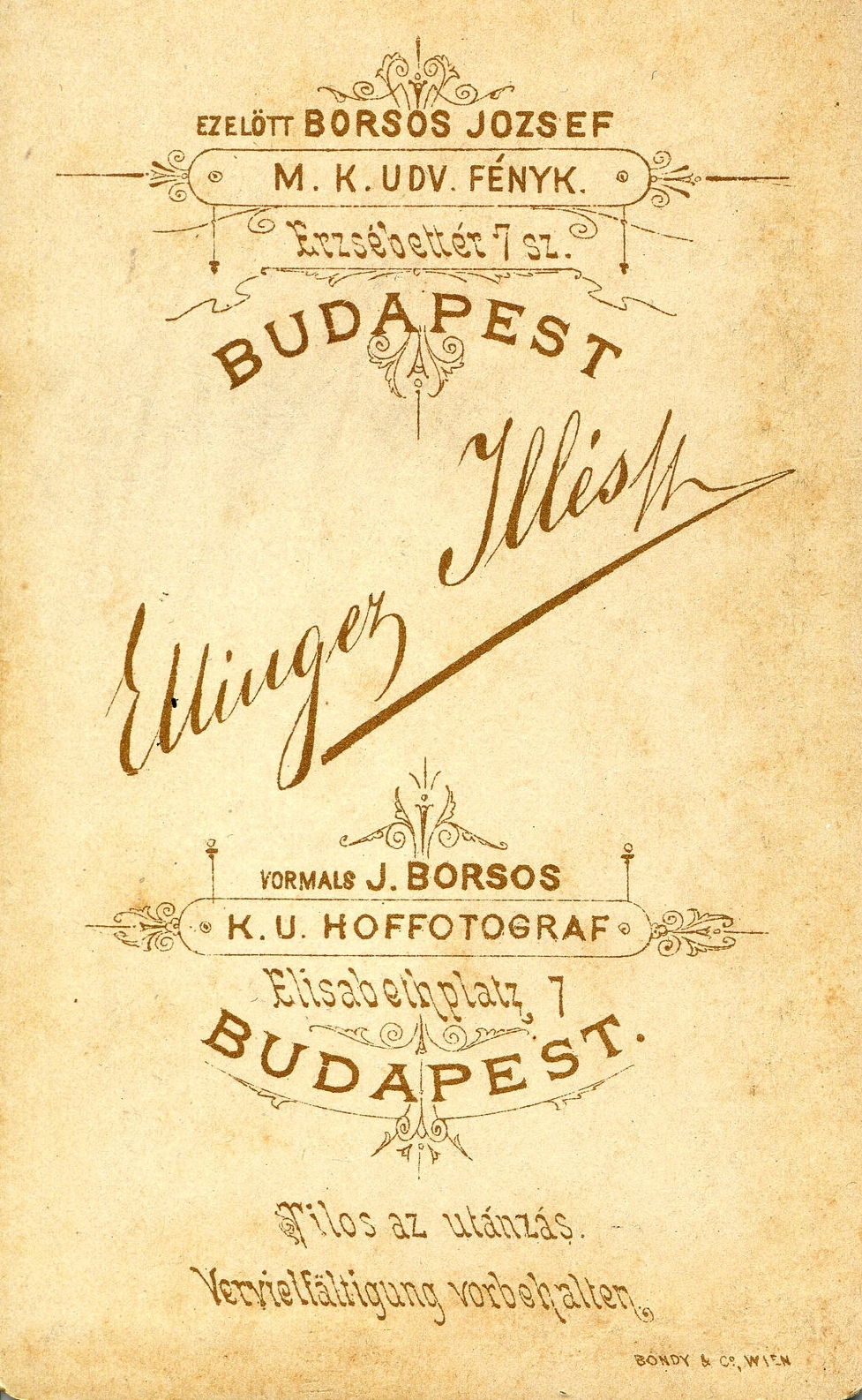 Hungary, Budapest V., Erzsébet tér 7., Ellinger Illés fényképész (Borsos József utódja). A felvétel 1880-ban készült., 1900, Mészöly Leonóra, studio, photographer, verso, Budapest, Fortepan #90116