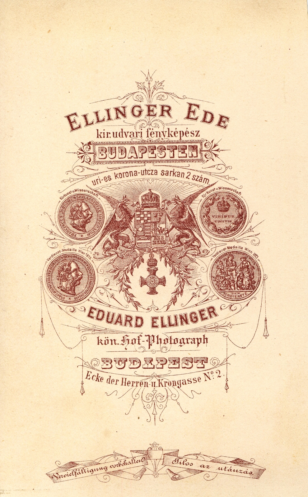 Hungary, Budapest V., Petőfi Sándor (Uri) utca - Régi posta (Korona utca) sarkán, 2. szám, Ellinger Ede fényképész. A felvétel 1873-ban készült., 1900, Mészöly Leonóra, studio, photographer, verso, Budapest, Fortepan #90117
