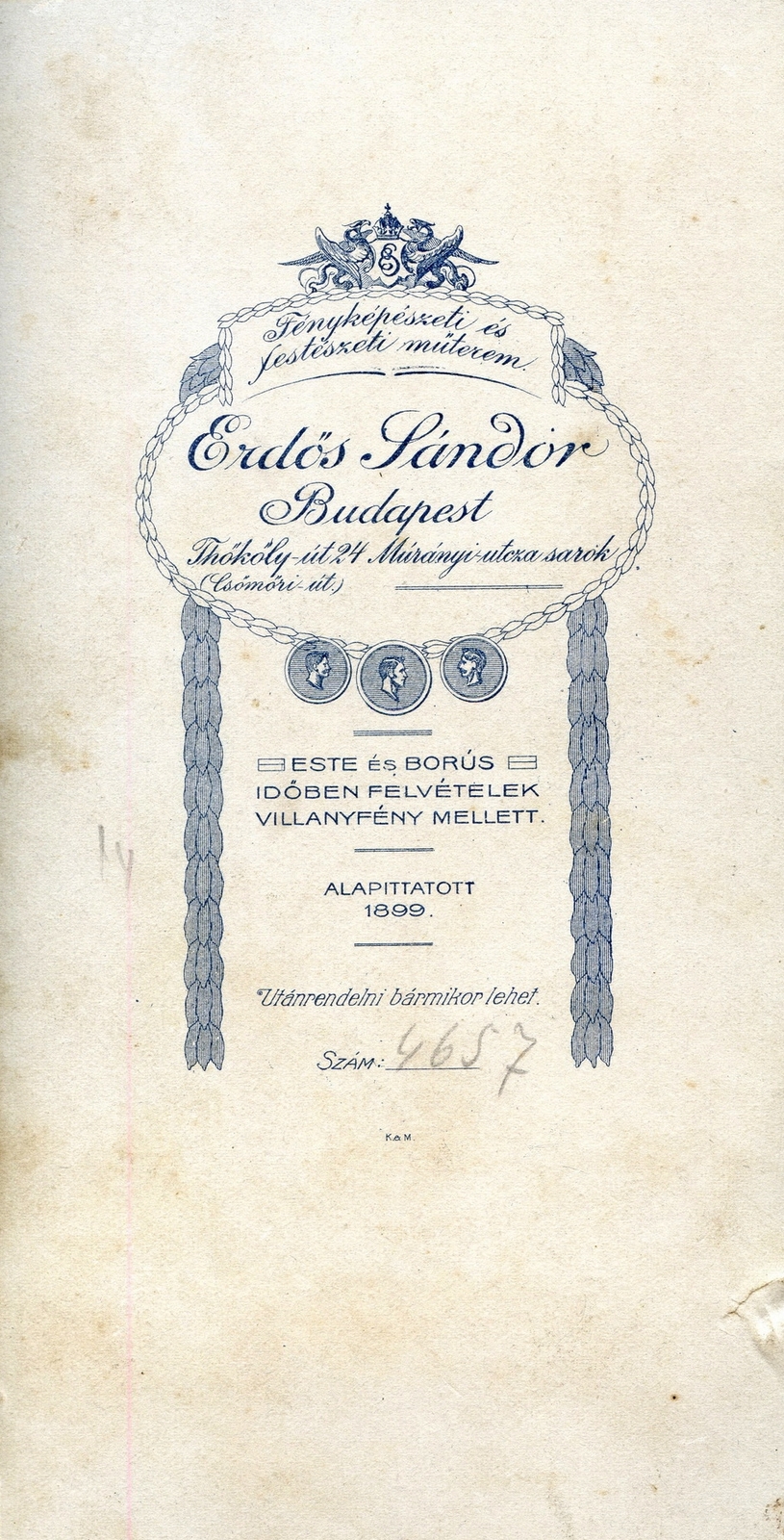 Hungary, Budapest VII., Thököly út 24., Erdős Sándor fényképészeti és festészeti műterme., 1900, Mészöly Leonóra, studio, photographer, verso, Budapest, Fortepan #90118