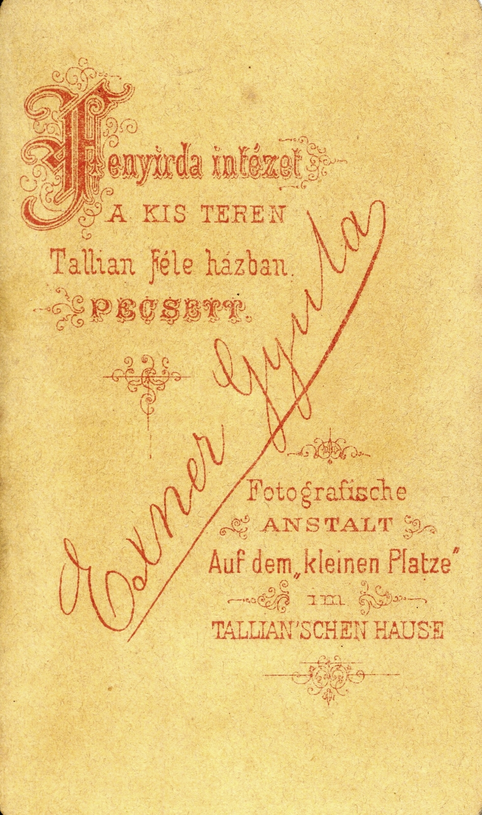 Hungary, Pécs, Kis tér, Tallian féle házban, Exner Gyula fényképész. A felvétel 1870-ben készült., 1900, Mészöly Leonóra, studio, photographer, verso, Fortepan #90121