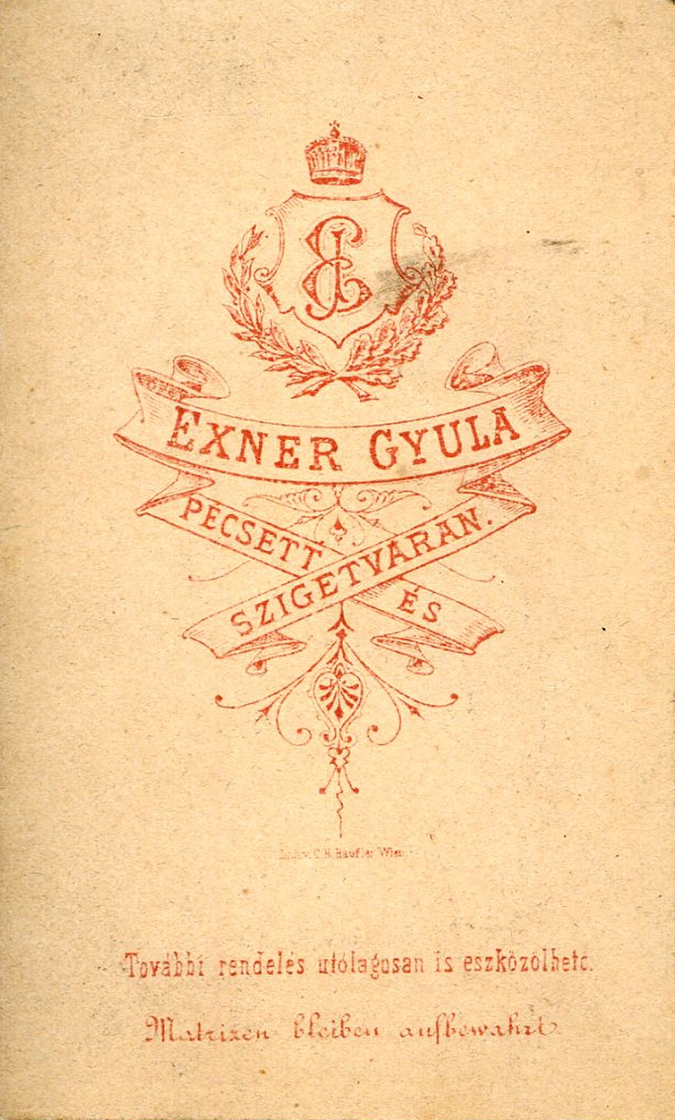 Magyarország, Pécs,Szigetvár, Exner Gyula fényképész. A felvétel 1875-ben készült., 1900, Mészöly Leonóra, műterem, fényképész, hátlap, Fortepan #90123