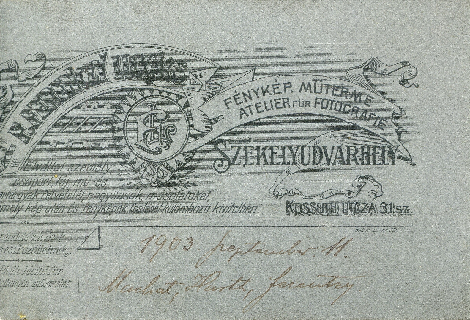 Románia,Erdély, Székelyudvarhely, Kossuth utca 31., F. Ferenczy Lukács fényképészeti műterme., 1903, Mészöly Leonóra, műterem, fényképész, hátlap, Fortepan #90126