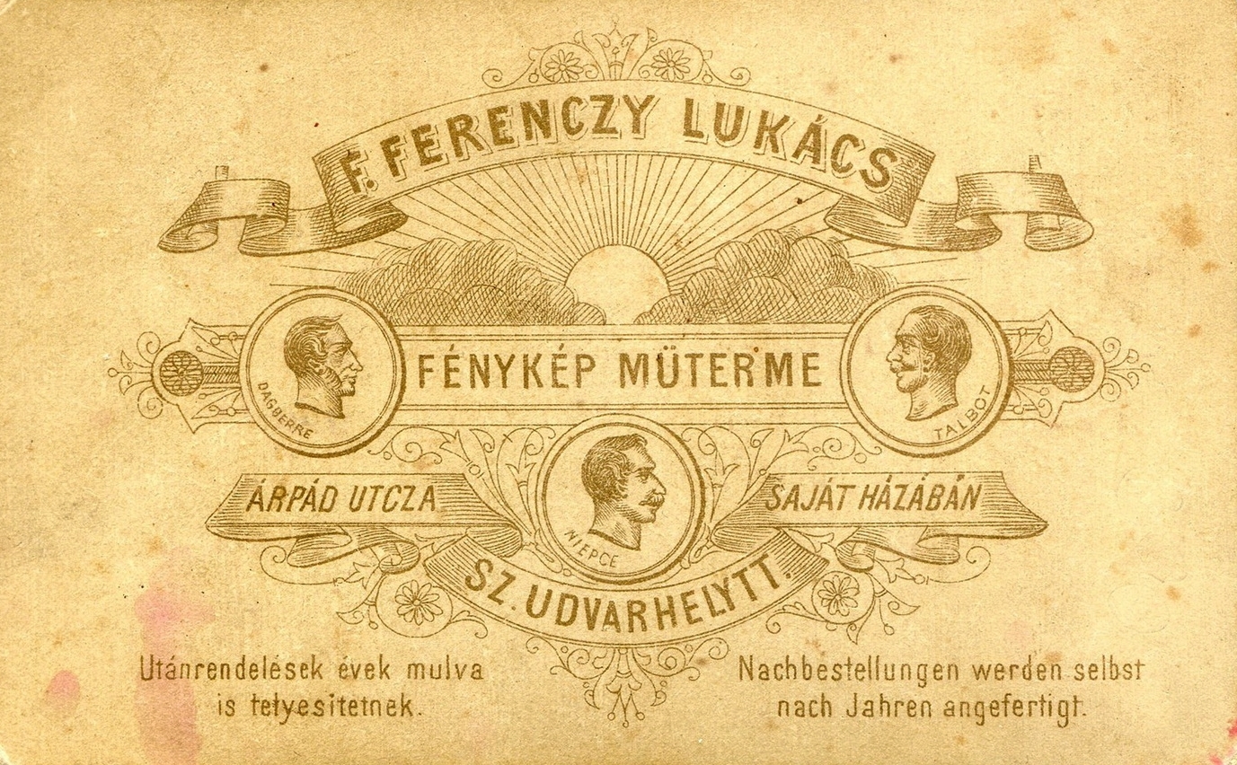 Romania,Transylvania, Ordorheiu Secuiesc, Árpád utca, F. Ferenczy Lukács fénykép műterme. A felvétel 1891-ben készült., 1900, Mészöly Leonóra, studio, photographer, verso, Fortepan #90127