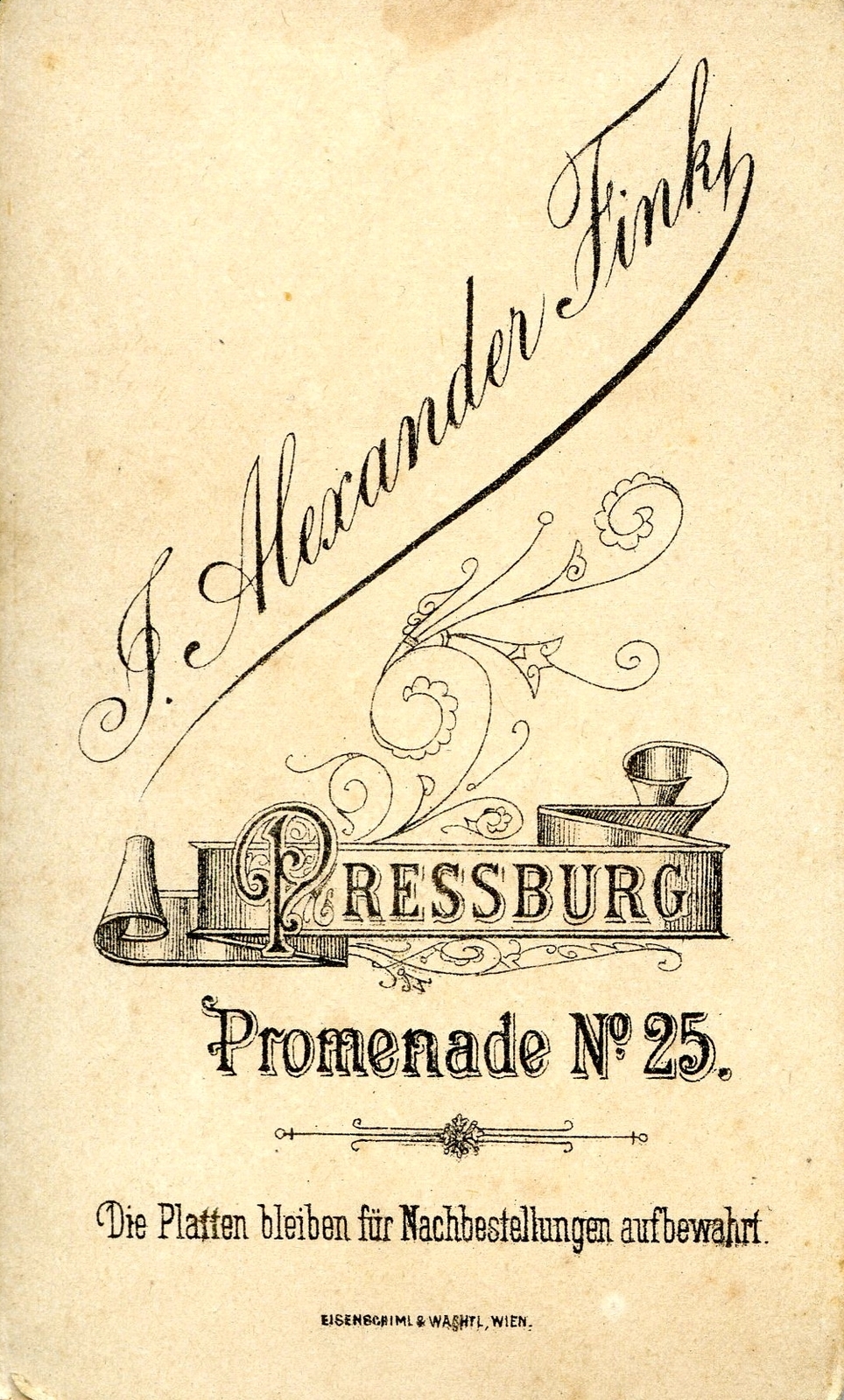 Slovakia, Bratislava, Sétatér 25., Fink Sándor fényképész. A felvétel 1880-ban készült., 1900, Mészöly Leonóra, studio, photographer, verso, Fortepan #90130