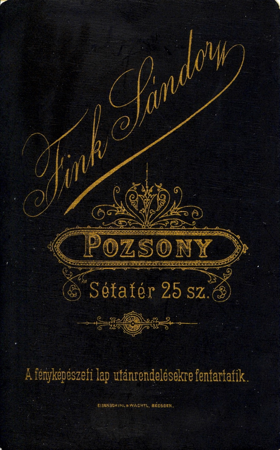Slovakia, Bratislava, Sétatér 25., Fink Sándor fényképész. A felvétel 1880-ban készült., 1900, Mészöly Leonóra, studio, photographer, verso, Fortepan #90131