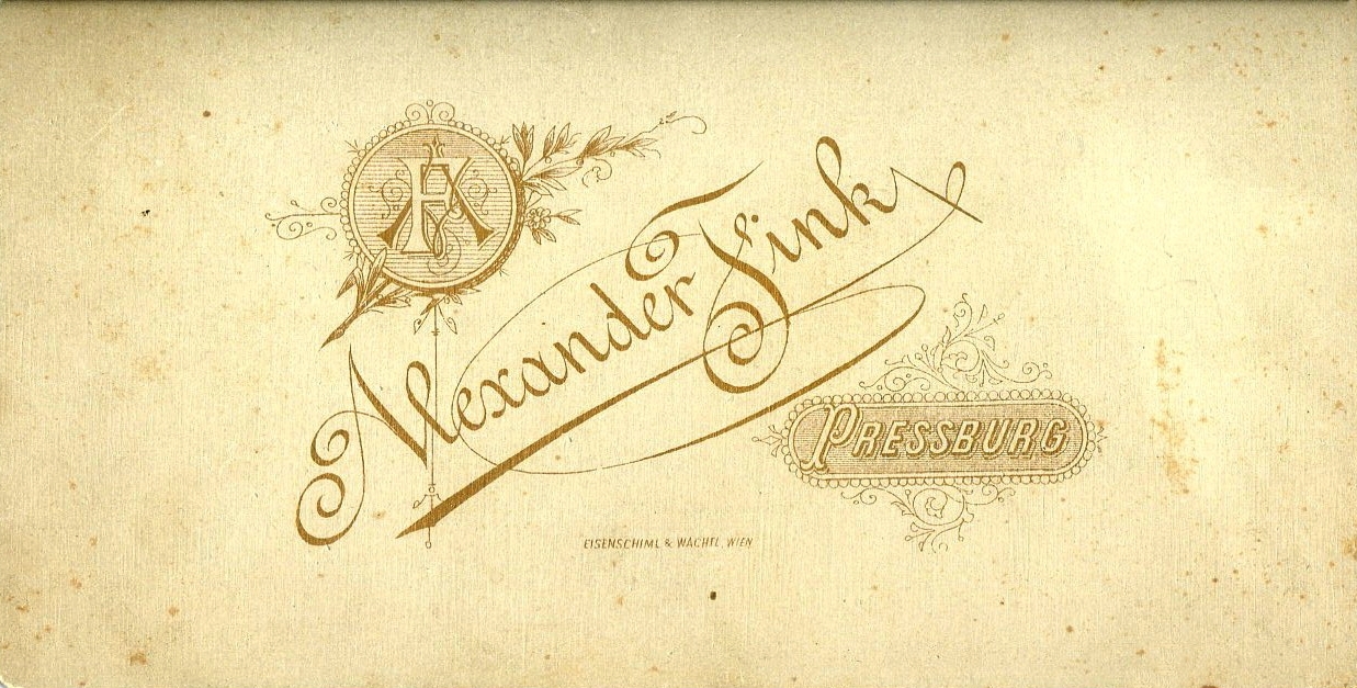 Slovakia, Bratislava, Fink Sándor fényképész. A felvétel 1890-ben készült., 1900, Mészöly Leonóra, studio, photographer, verso, Fortepan #90134