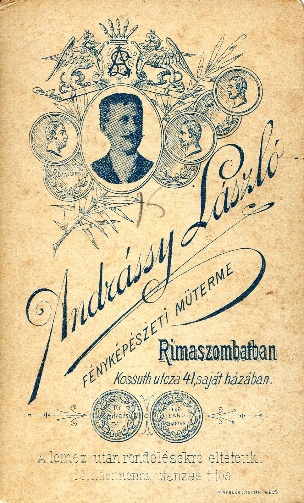 Slovakia, Rimavská Sobota, Kossuth Lajos utca 41., Andrássy László fényképészeti műterme. A felvétel 1890-ben készült., 1900, Mészöly Leonóra, studio, photographer, verso, Fortepan #90140