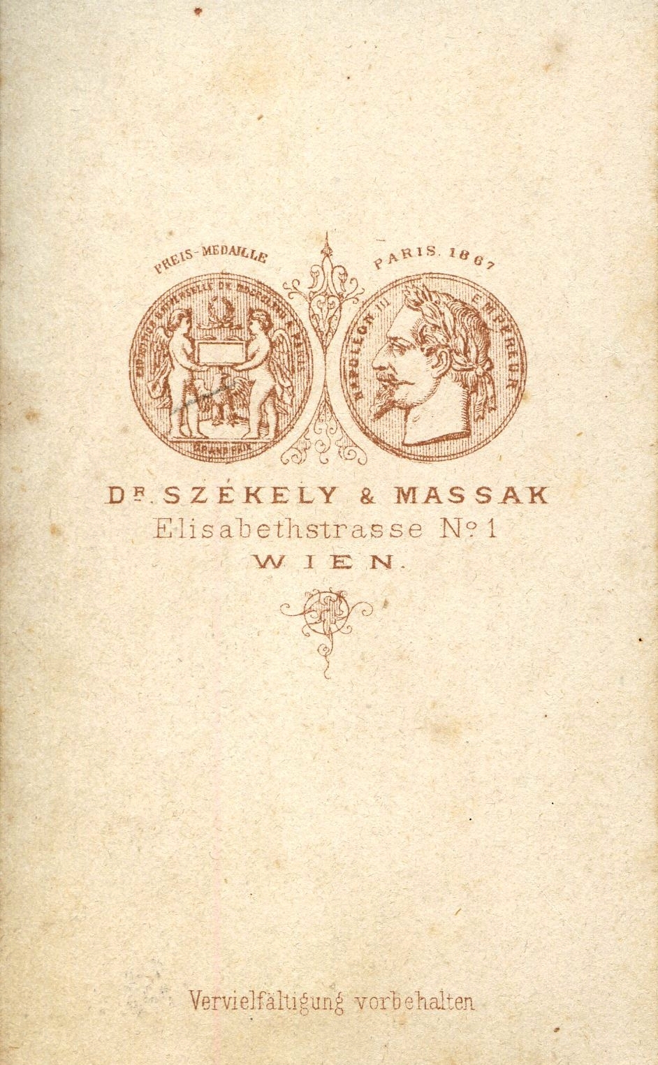 Austria, Vienna, Elisabethstrasse 1., Dr. Székely & Massak fényképészek. A felvétel 1867-ben készült., 1900, Mészöly Leonóra, studio, photographer, verso, Fortepan #90143