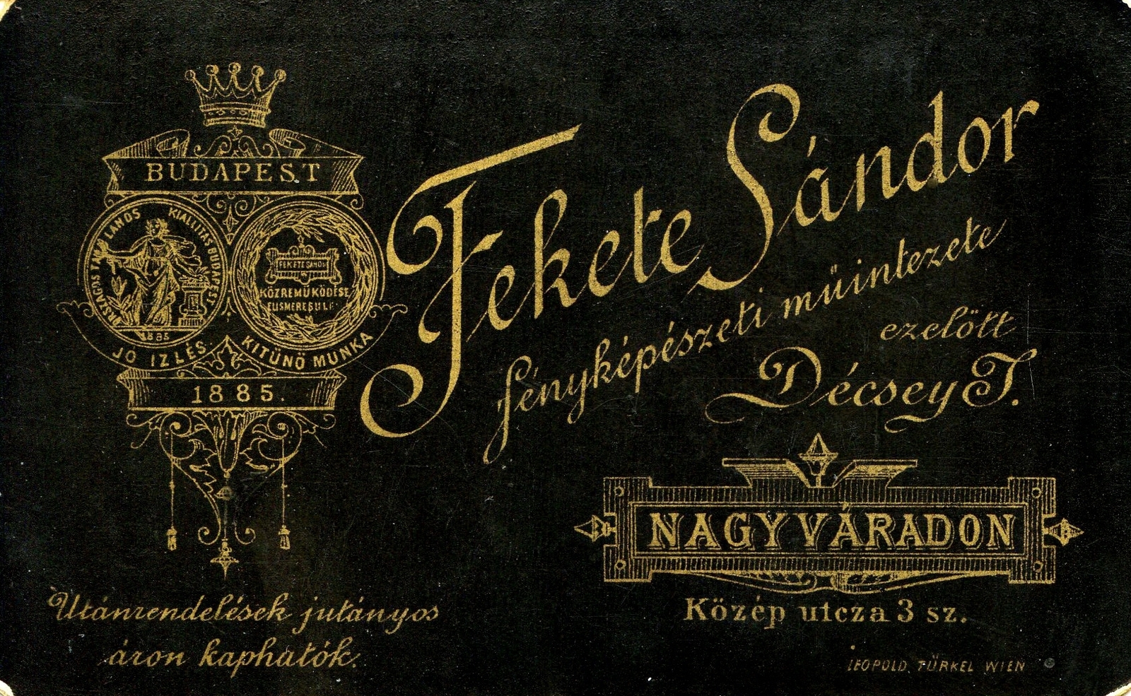Romania,Transylvania, Oradea, Közép utca 3., Fekete Sándor fényképészeti műintézete, ezelőtt Décsey Ilka műterme., 1900, Mészöly Leonóra, studio, photographer, verso, Fortepan #90147