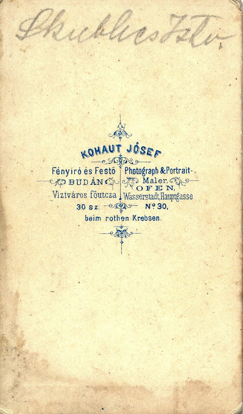 Magyarország, Budapest I., Fő utca 30., Kohaut Jósef fényíró és festő. A felvétel 1863-ban készült., 1900, Mészöly Leonóra, műterem, fényképész, hátlap, Budapest, Fortepan #90160