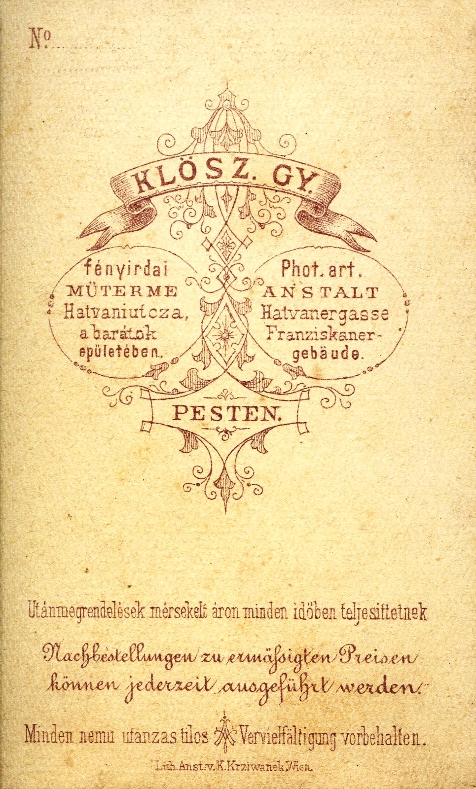 Hungary, Budapest V., Kossuth Lajos (Hatvani) utca, Klösz György fényirdai műterme a ferences barátok épületében. A felvétel 1873-ban készült., 1900, Mészöly Leonóra, studio, photographer, verso, Budapest, Fortepan #90163