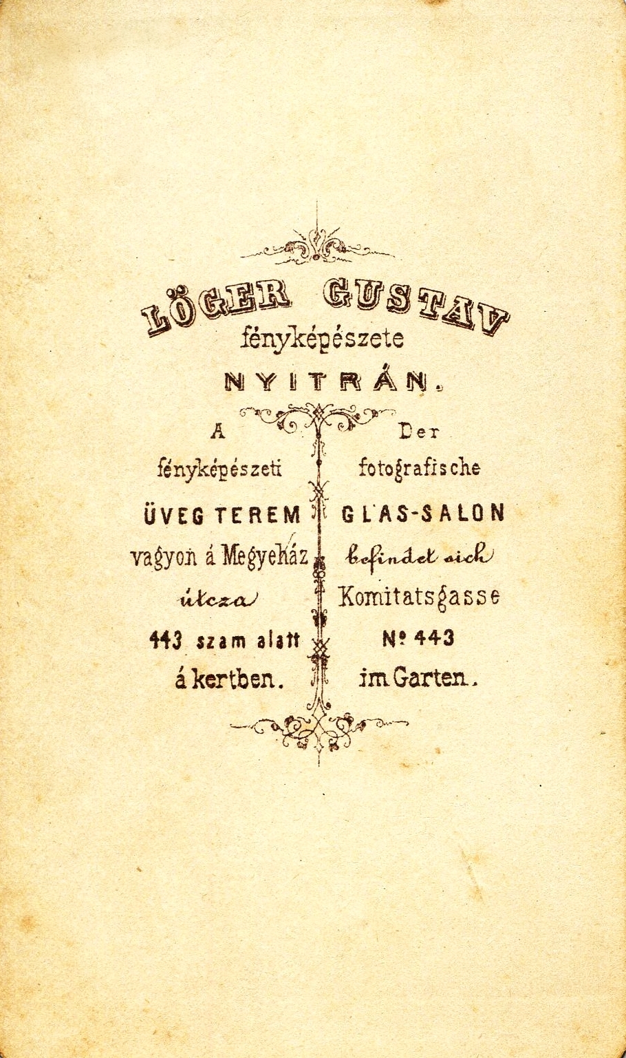 Szlovákia, Nyitra, Megyeház utca 443., Löger Gustav fényképészete. A felvétel 1860-ban készült., 1900, Mészöly Leonóra, műterem, fényképész, hátlap, Fortepan #90164